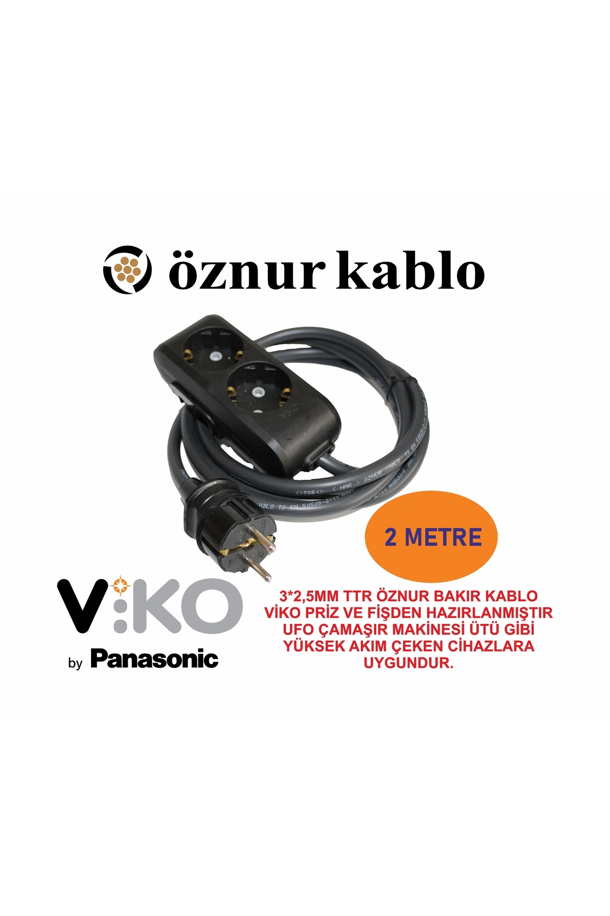 2-Piece Black Extension Cable Öznur 3x2.5 TTR Copper-Socket, Good Quality, Durable