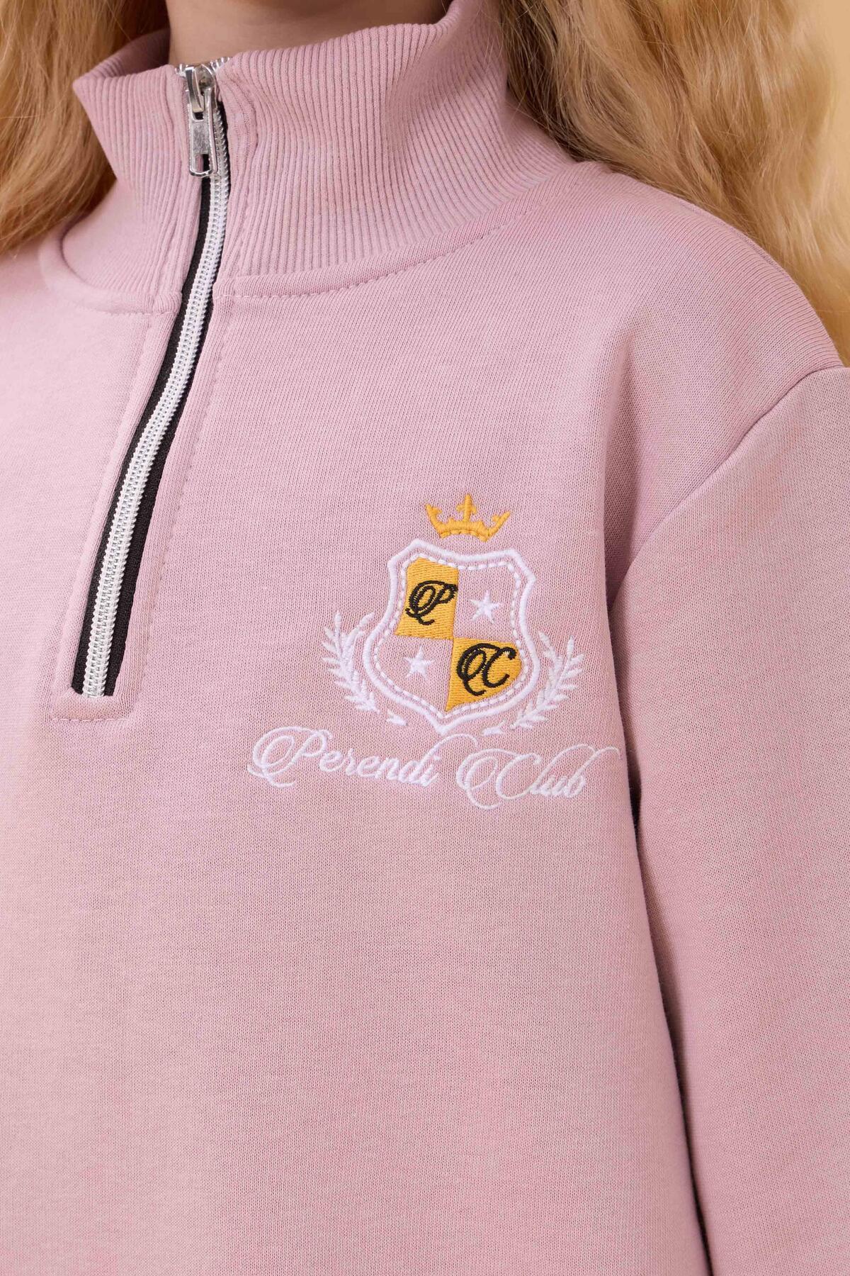 Perendi Girl's High Collar Zippered Embroidery Detailed Seasonal Tracksuit Set Lilac