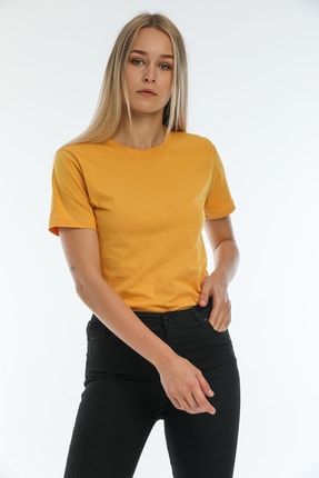 Kadın Hardal Bisiklet Yaka Basic T-shirt 038923