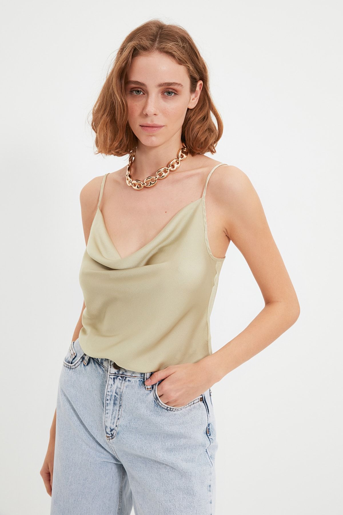 Trendyol Collection-М'ятна блузка з атласним тканим коміром на бретелях Degaje TWOSS19BB0161 2