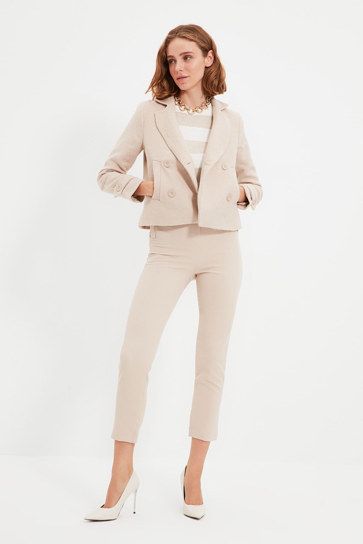 Trendyol Collection-Beigefarbene Zigarettenhose mit hoher Taille und Knöchellänge, gewebter Stoff TWOSS20PL0515 13