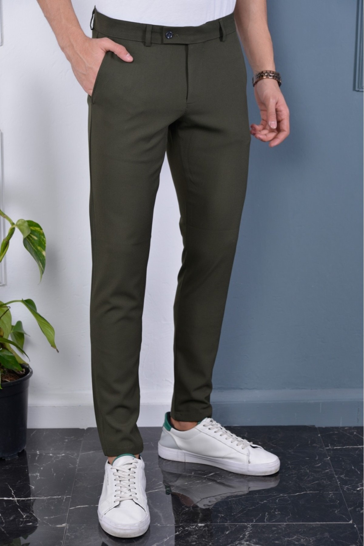 Erkek Haki Renk Italyan Kesim Slimfit Kumaş Pantolon