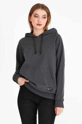 Kadın Antrasit Kapüşonlu Basic Örme Sweatshirt MTLC050
