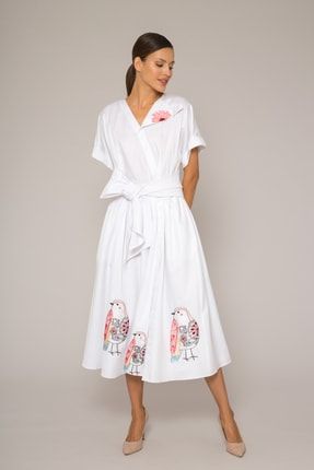 Aplike Nakışlı, Kuşak Detaylı Beyaz Poplin Elbise M1YM5D02911NA-t