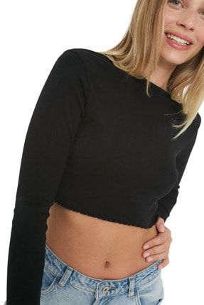 Kadın Siyah Uzun Kollu Yumuşak Dokulu Pamuklu Soft Basic Örme Crop T-shirt UZNKLCRPFT