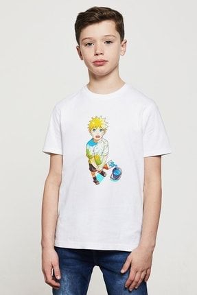 Anime Naruto Uzumaki Baskılı Unisex Çocuk Beyaz T-shirt BGA0391-COCTS