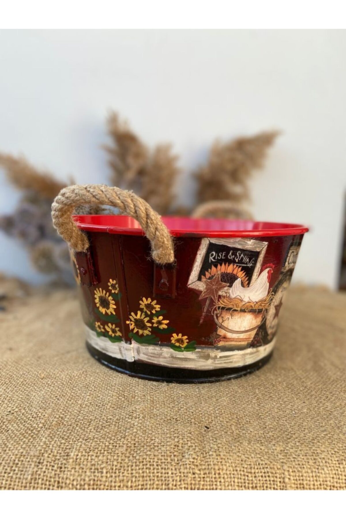 Handmadesign-Country Themed Chicken Sunflower Patterned Multi-Purpose Basket with Handle - Large Size 4