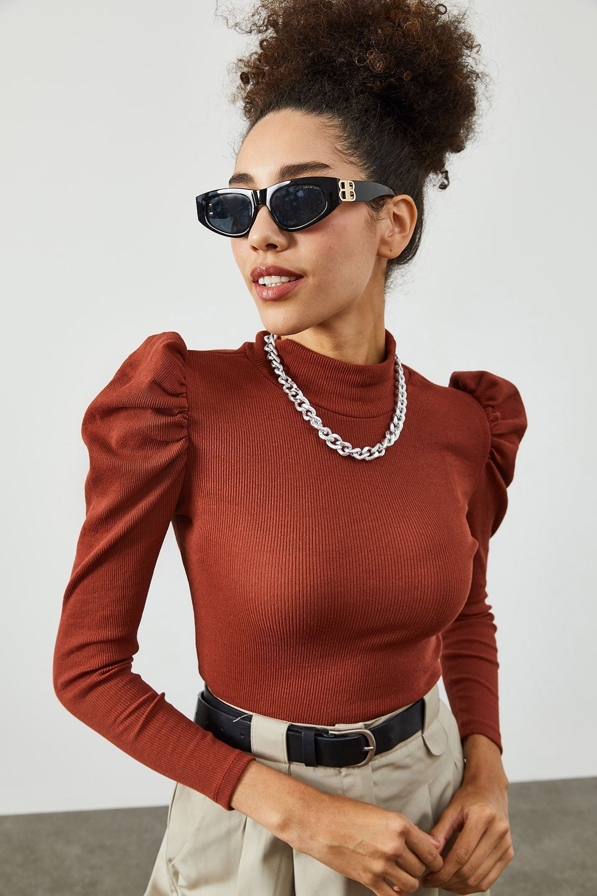 XHAN Bluse Orange Slim Fit Fast ausverkauft