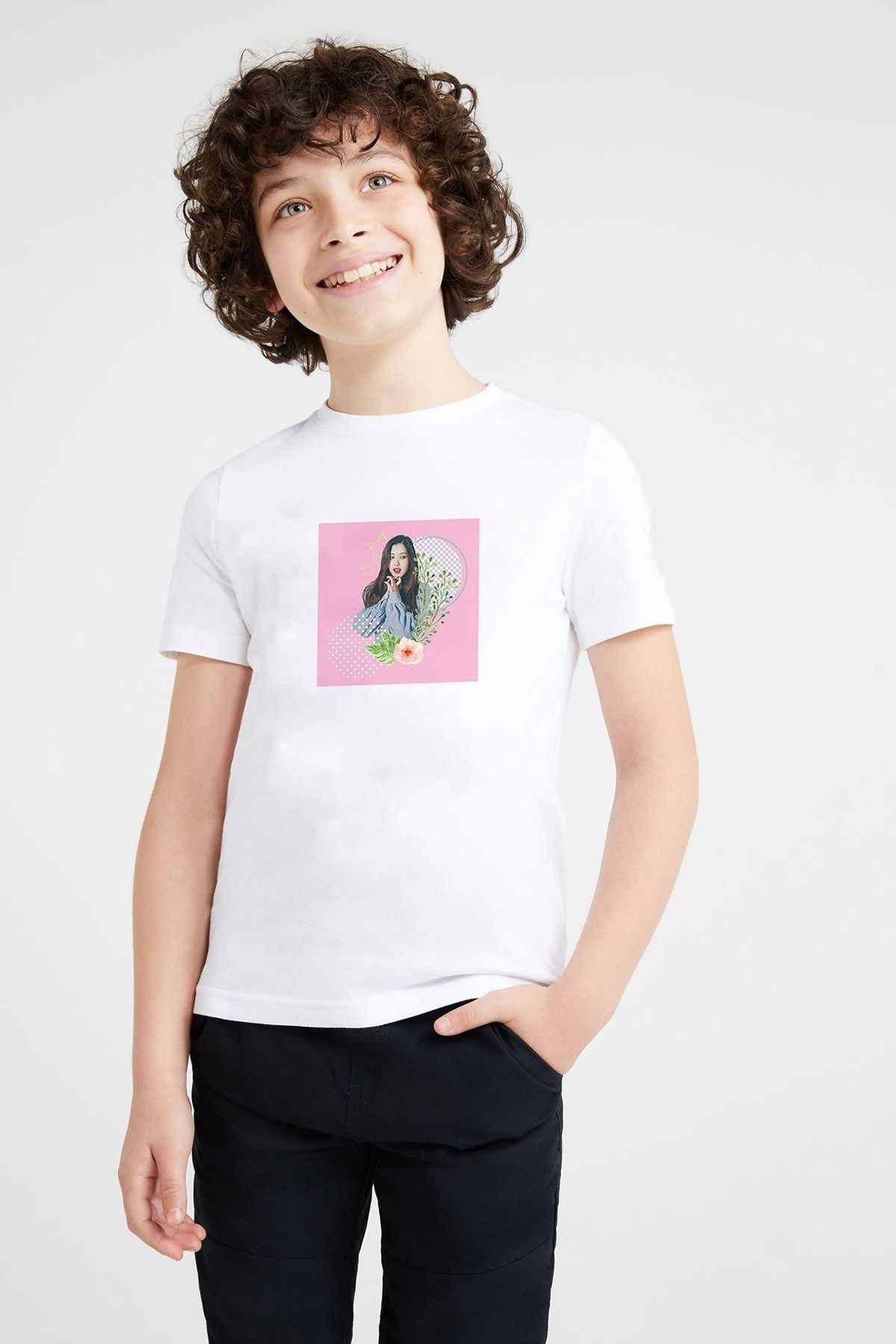 Unisex Çocuk Beyaz Rose Blackpink Blink Picsart K-pop Baskılı T-shirt