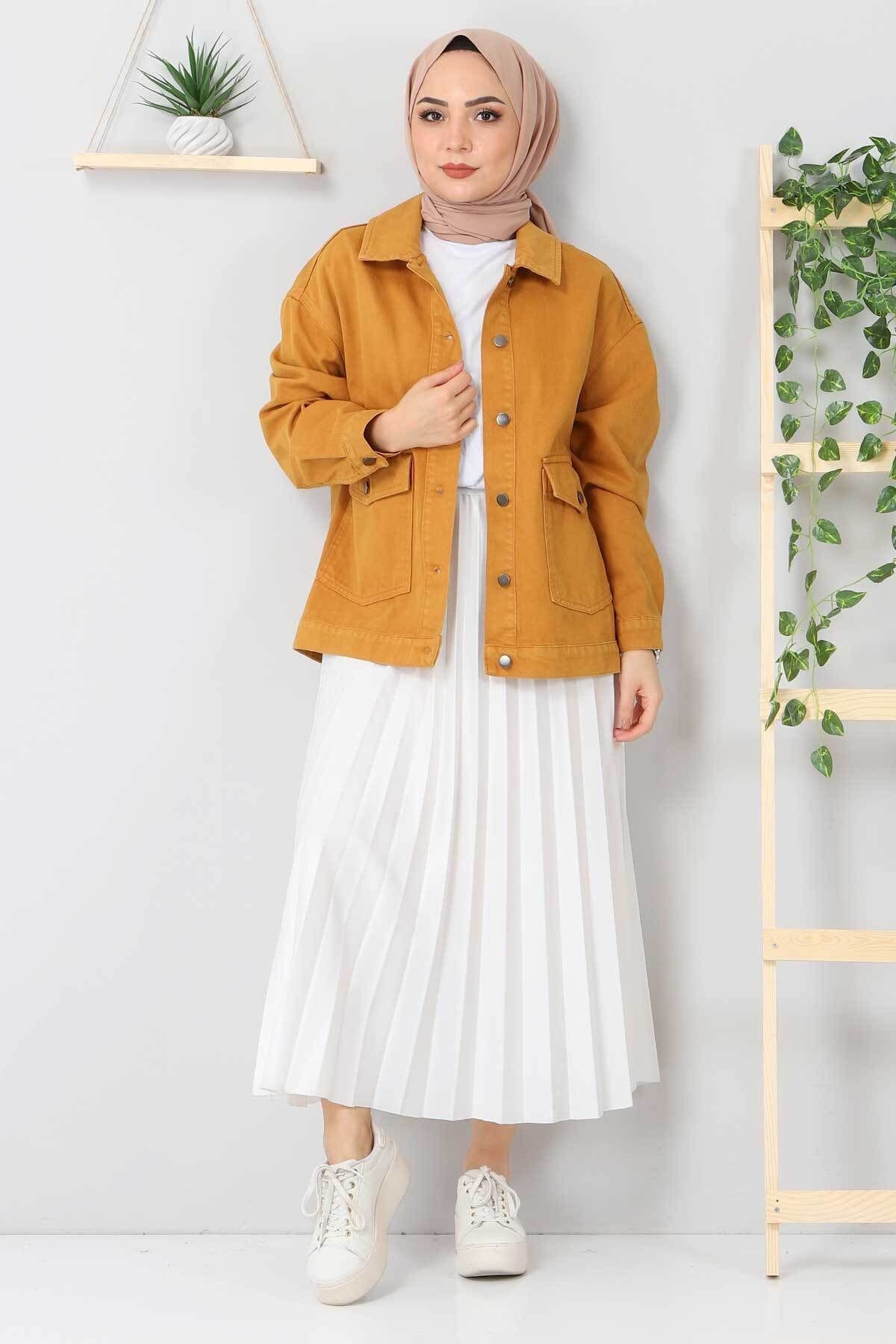 Tesett r D nyas Double Pocket Denim Jacket Tsd5511 Tan Trendyol