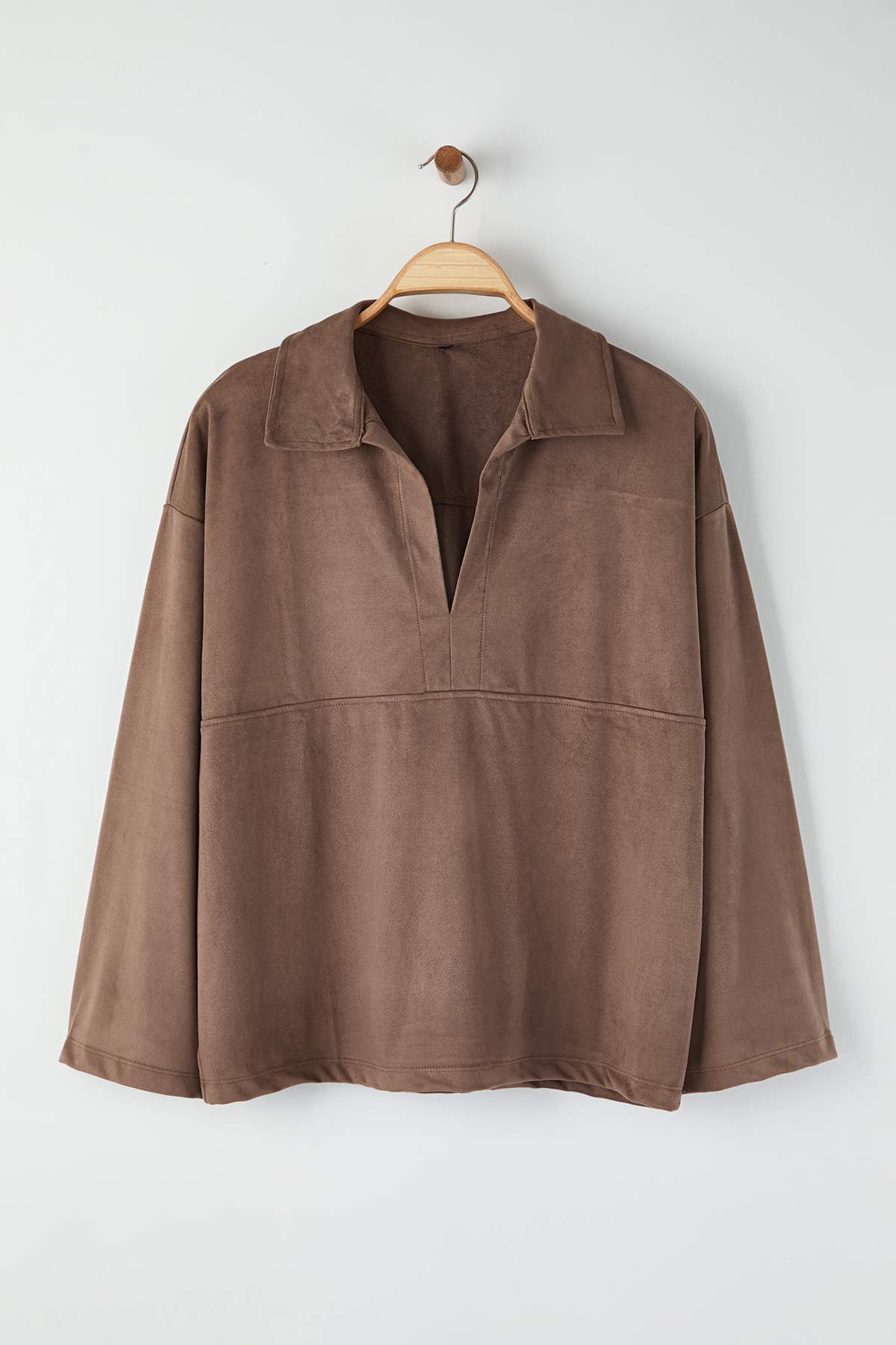 Trendyolmilla  Koyu Kahverengi Relaxed/Rahat Kalıp Örme Süet Gömlek TWOAW26GO00103 - Görsel 6