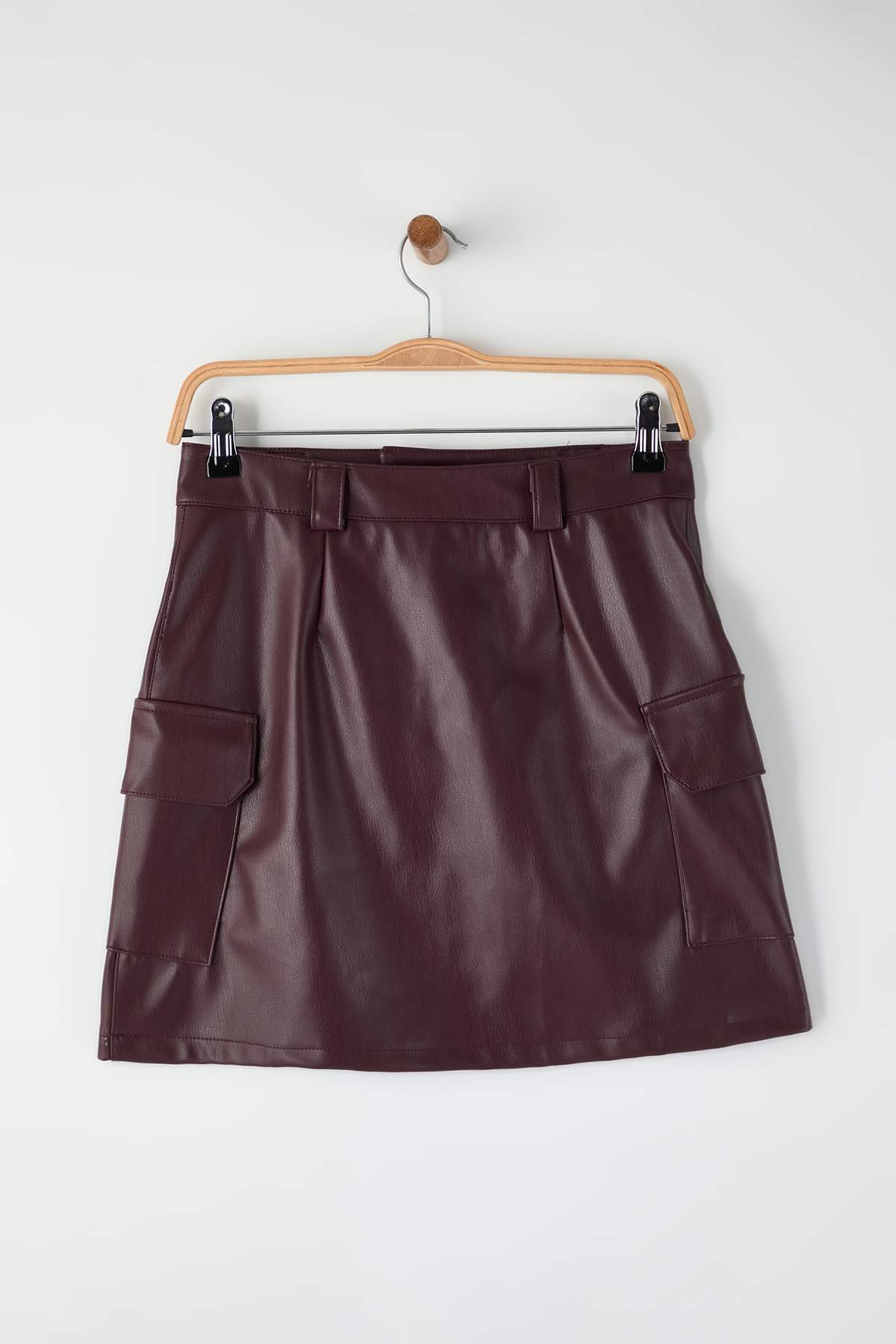 Trendyolmilla  Bordo Suni Deri Kargo Cepli Kalem Mini Örme Etek TWOAW26ET00107 - Görsel 6