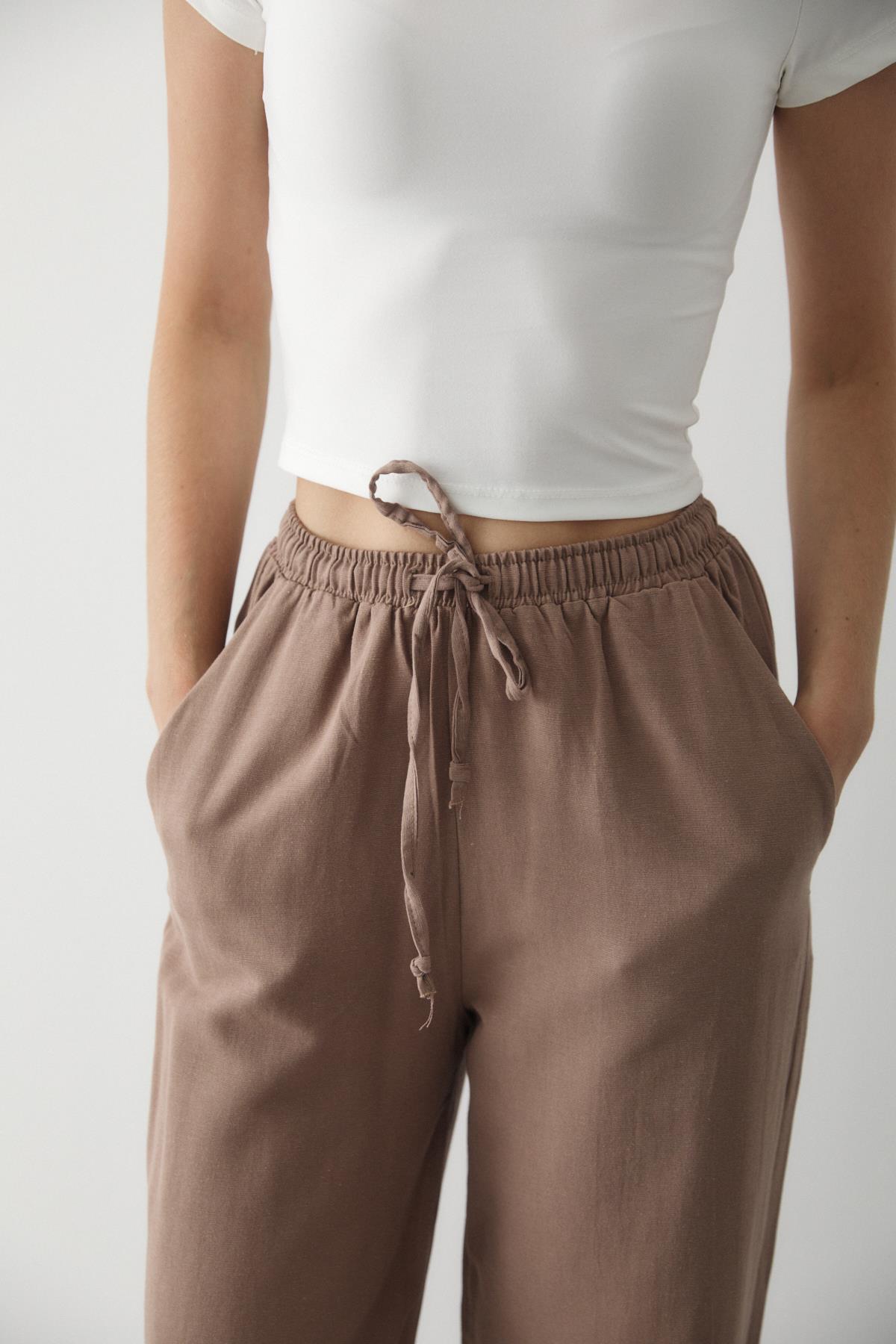 Laluvia  Vizon Beli Lastikli Pamuklu Keten Pantolon - Görsel 6