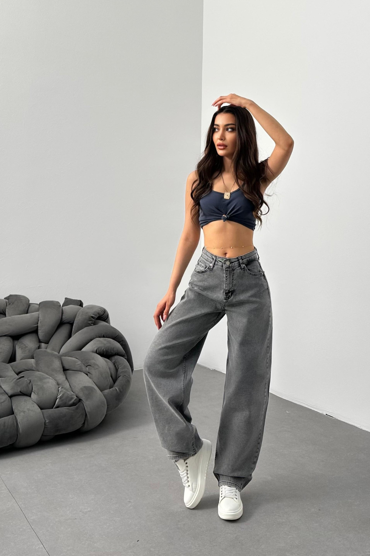 Kadın Füme Bol Kesim Geniş Paça Rahat Baggy Jean Pantolon 6