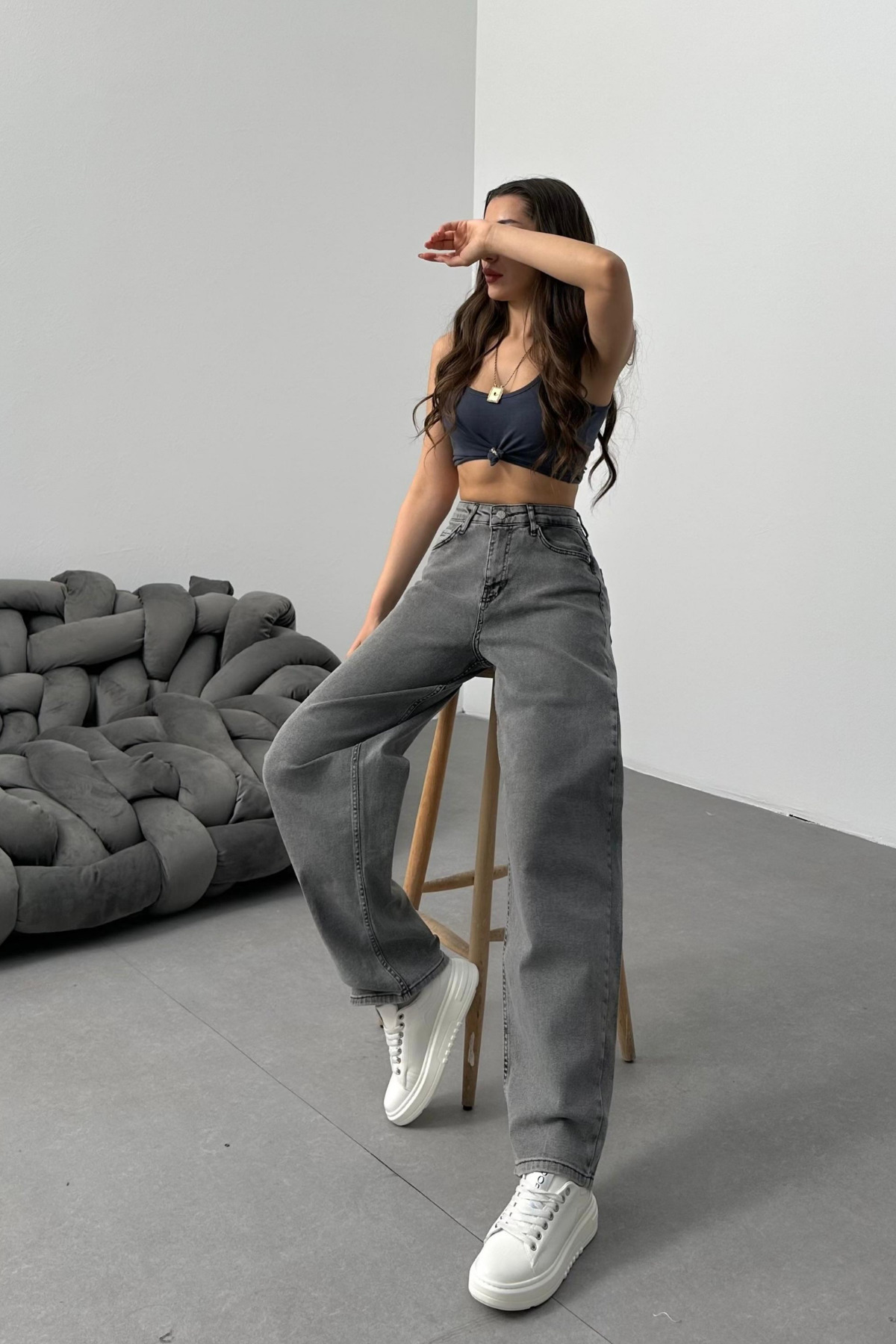 Kadın Füme Bol Kesim Geniş Paça Rahat Baggy Jean Pantolon 7