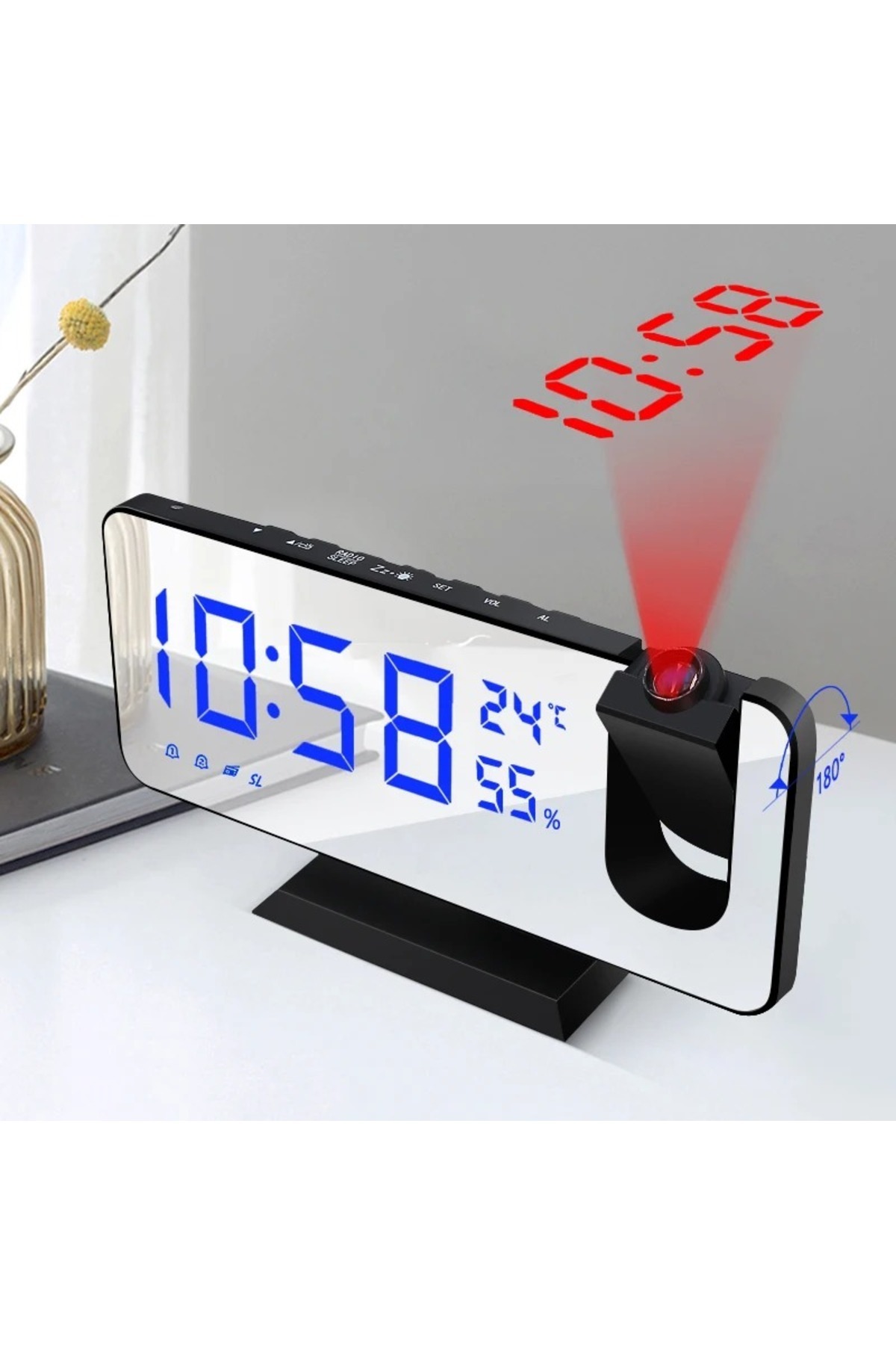 MDS Çok Fonksiyonlu Masaüstü Ayna Saat Fm Radyo Alarm Projeksiyon Sıcaklık Nem Ölçer Usb Özellik