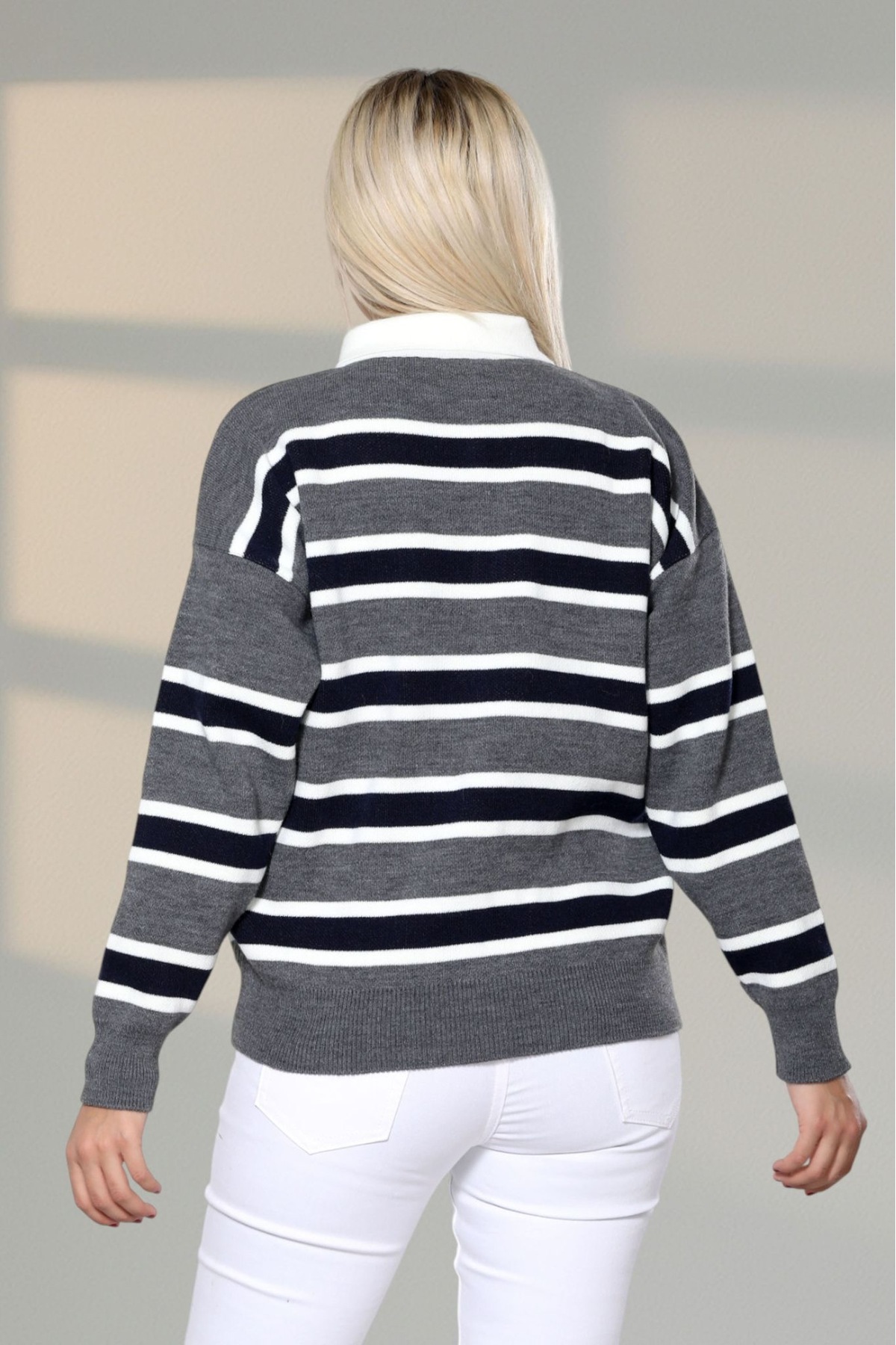 Gülce moda  Düğmeli Polo Yaka Çizgili Oversize Triko Kazak - Görsel 5