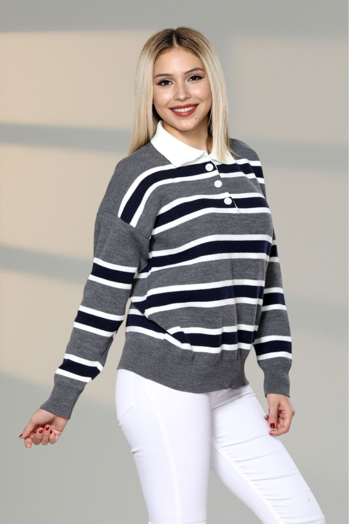 Gülce moda  Düğmeli Polo Yaka Çizgili Oversize Triko Kazak - Görsel 3