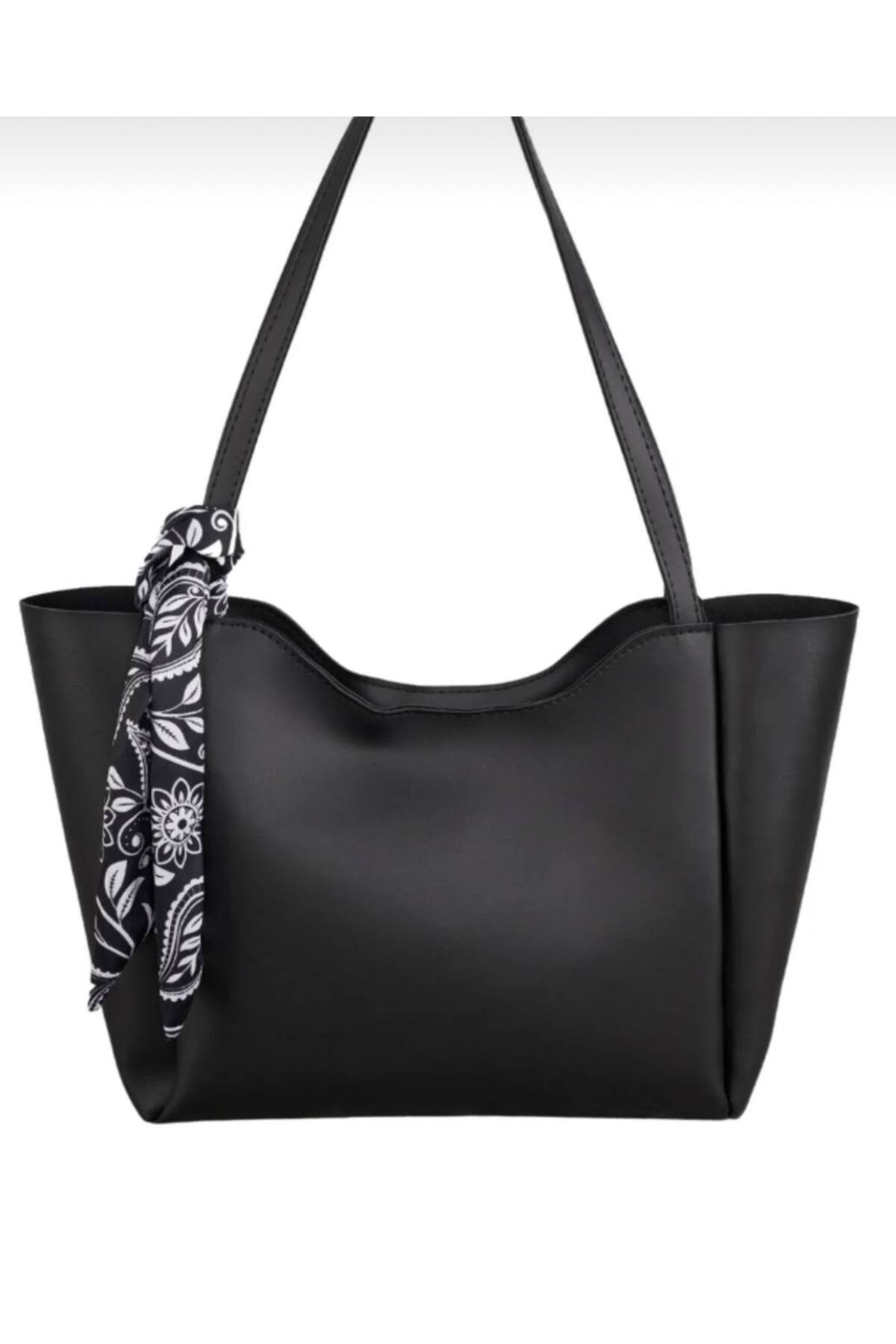 Siyah Kante Kadın Siyah Büyük Kol Çantası Fular Hediyeli Shopper Model