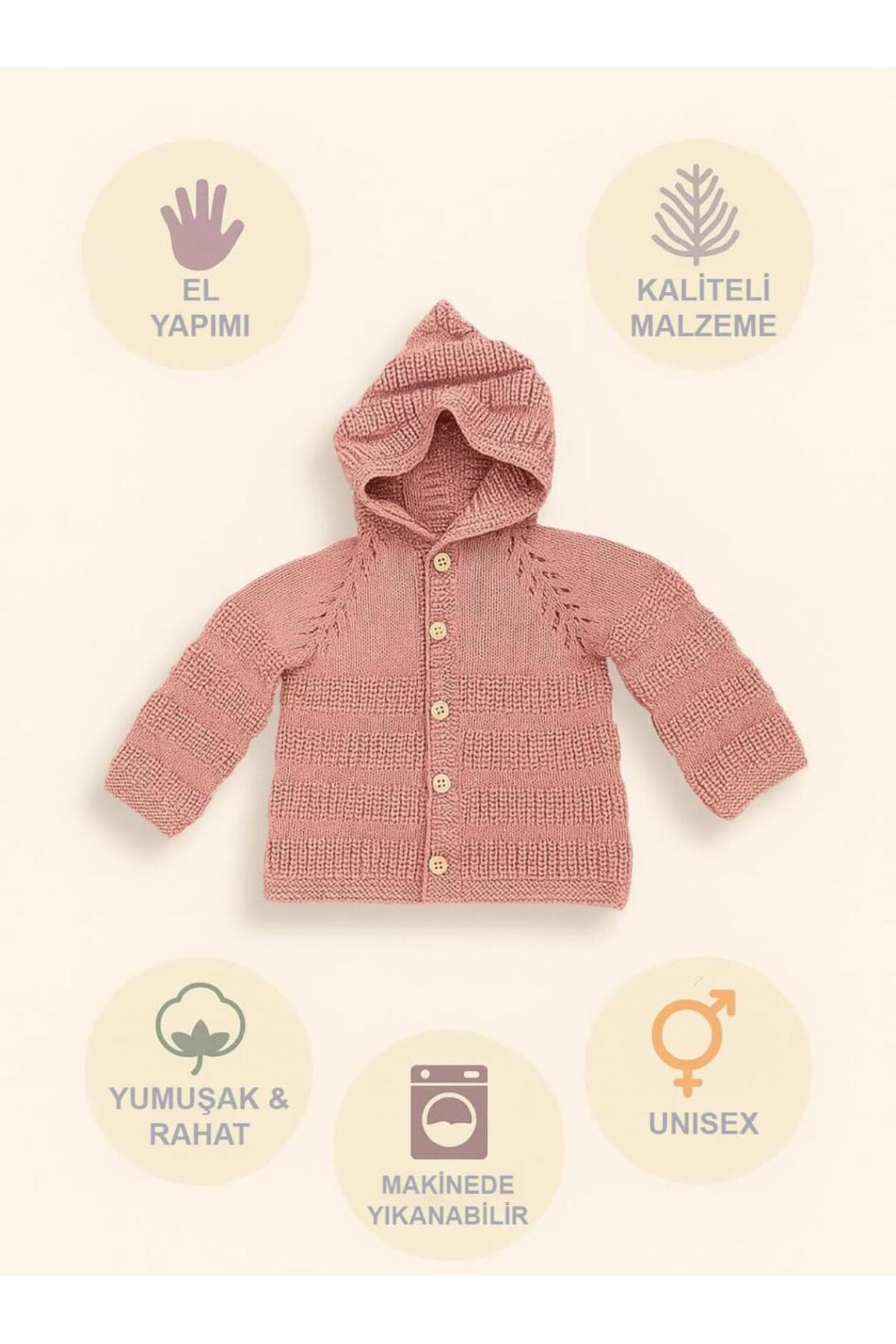 BEGİN Pembe Rengi Hediyelik El Örgüsü Pamuk Kapüşonlu Bebek Hırka 0 - 1 Yaş fotoğrafı 2 (önizleme)