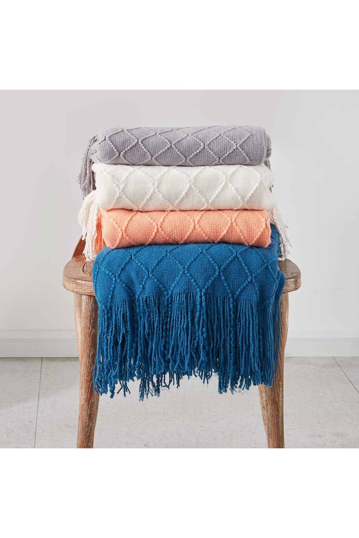 Roomlyne بطانية ناعمة بتصميم شرابة للحفاظ على الدفء من القطن باللون البيج 127 × 172 سم