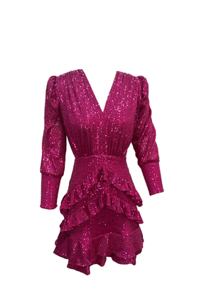 ElifNaz Fuşya Karpuz Kol Fırfırlı Elbise