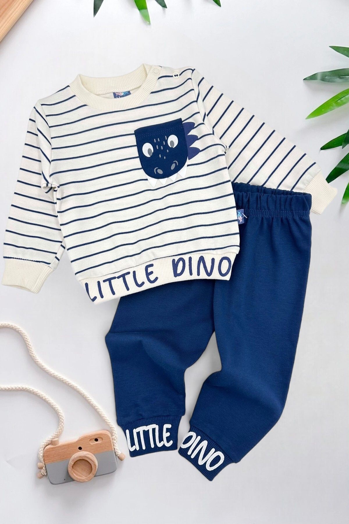 voyyo kids baby Erkek Bebek Mevsimlik Çizgili Bisiklet Yaka Uzun Kollu %100 Pamuk Bebek Takımı fotoğrafı 2 (önizleme)