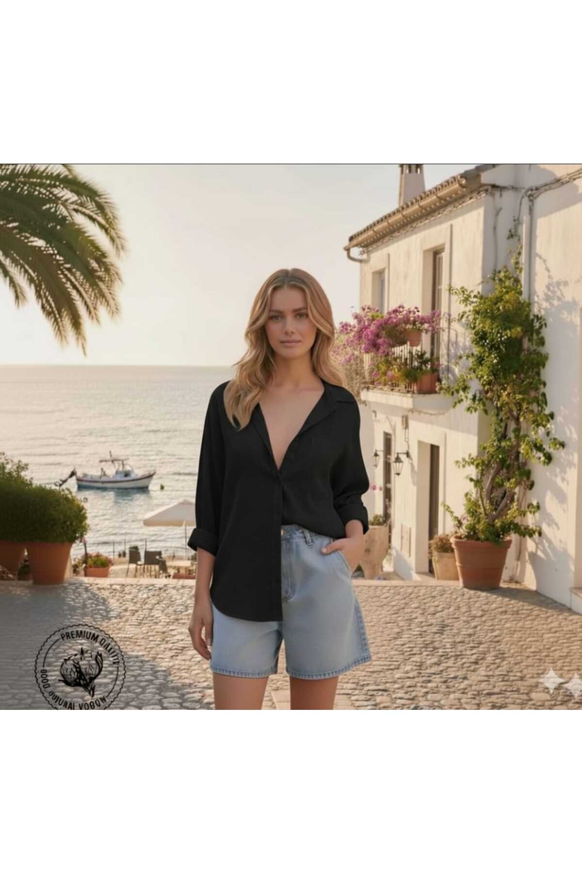 blackbonds  Kadın siyah Keten Gömlek Yazlık Oversize Gömlek Yeni Sezon - Görsel 4