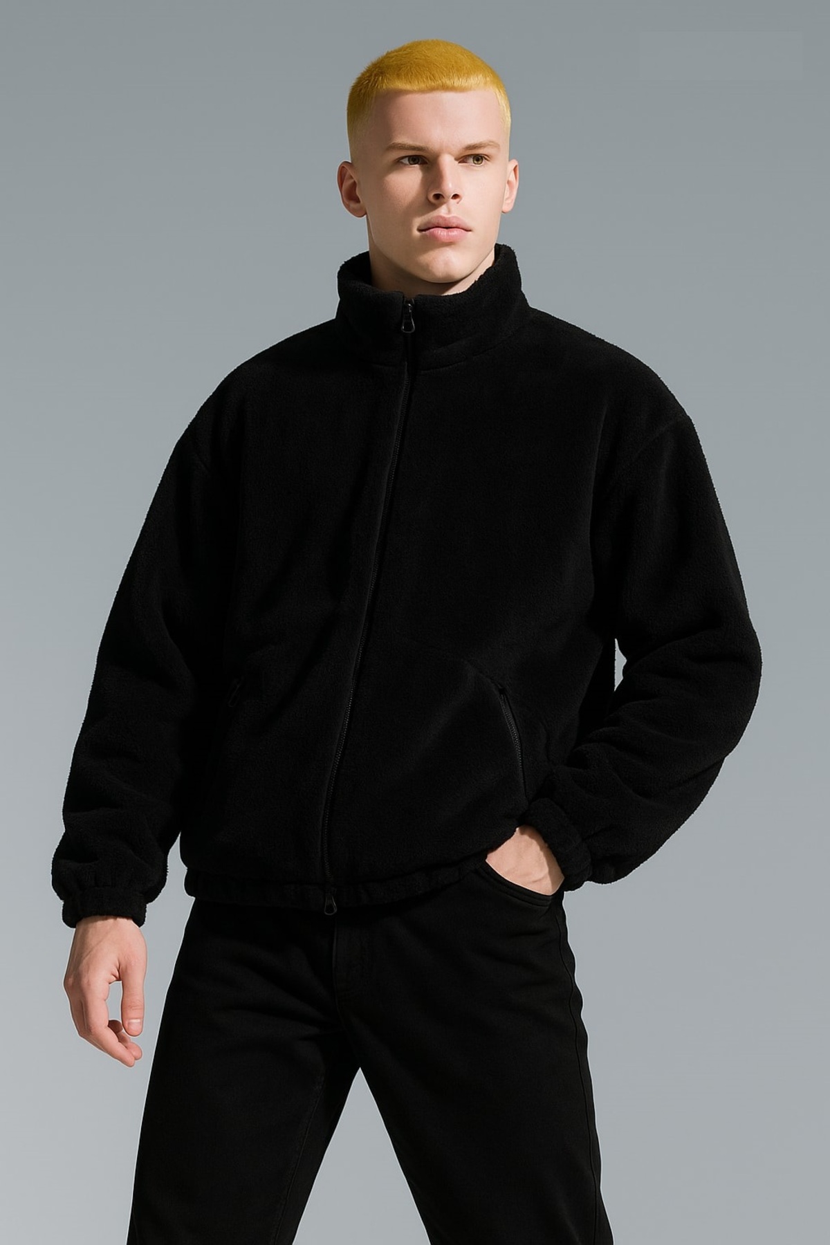 RANESA  Erkek Siyah Oversize Peluş Ceket - Görsel 5