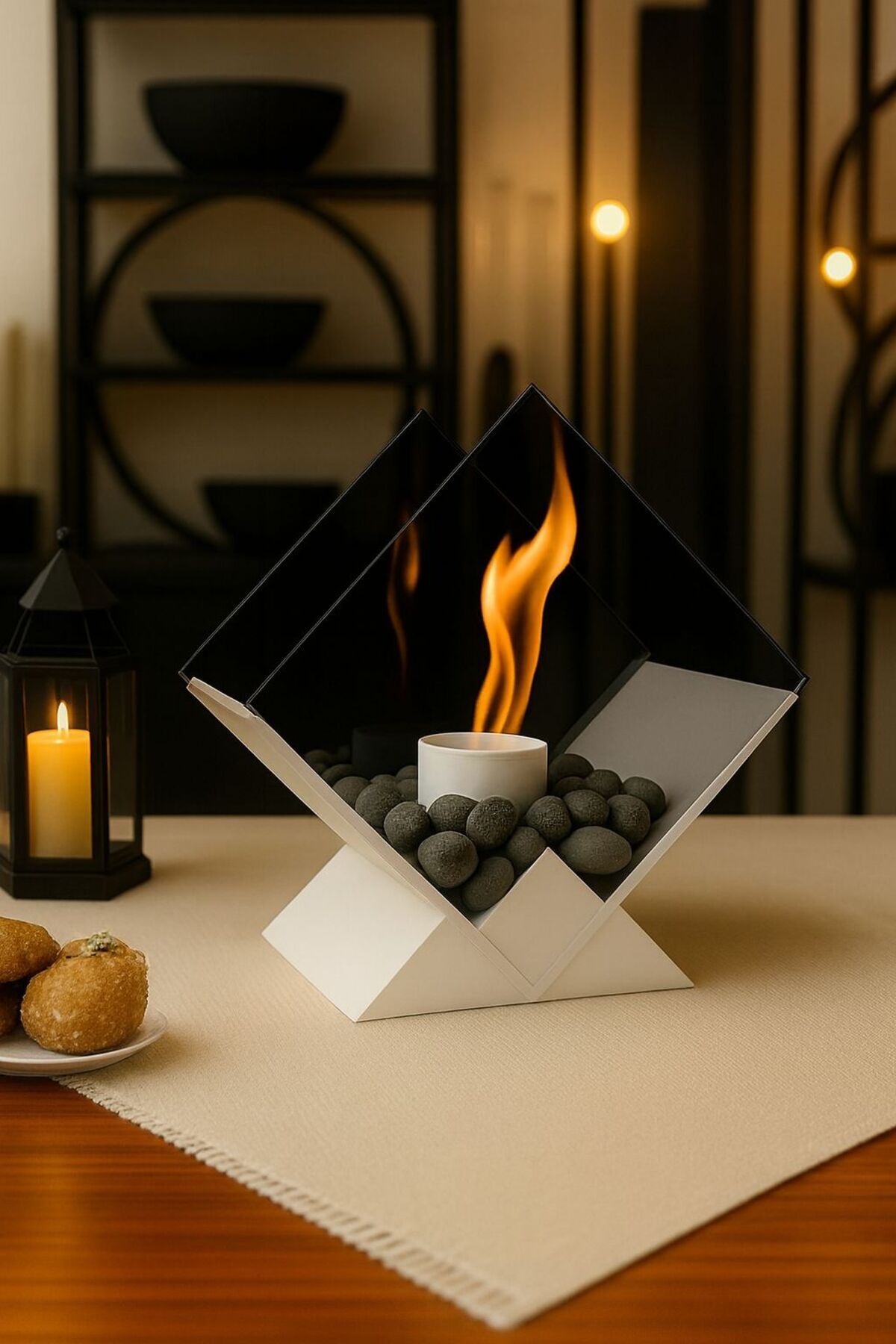 Home MASA ÜSTÜ BEYAZ ŞÖMİNE FÜME CAMLI