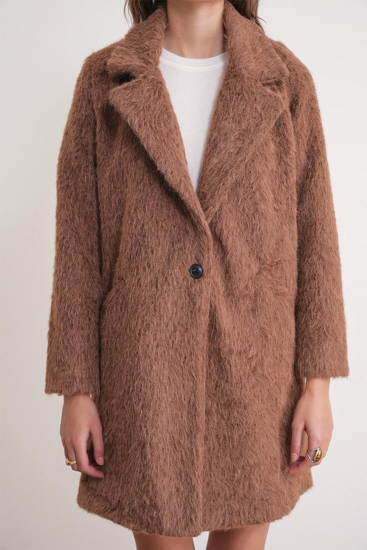 Mixray  4746 Kadın Uzun Tüylü Manto Süt Kahve - Görsel 5