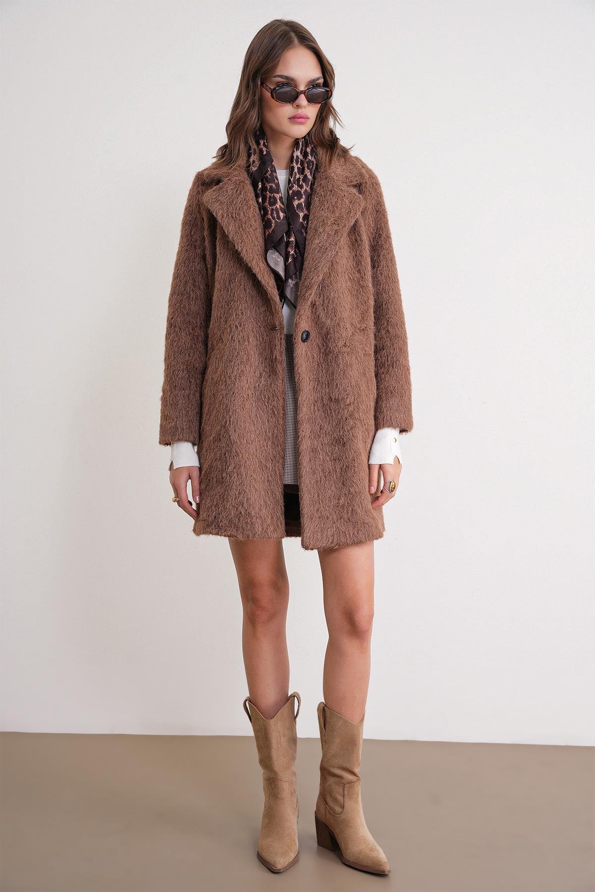 Mixray  4746 Kadın Uzun Tüylü Manto Süt Kahve - Görsel 2