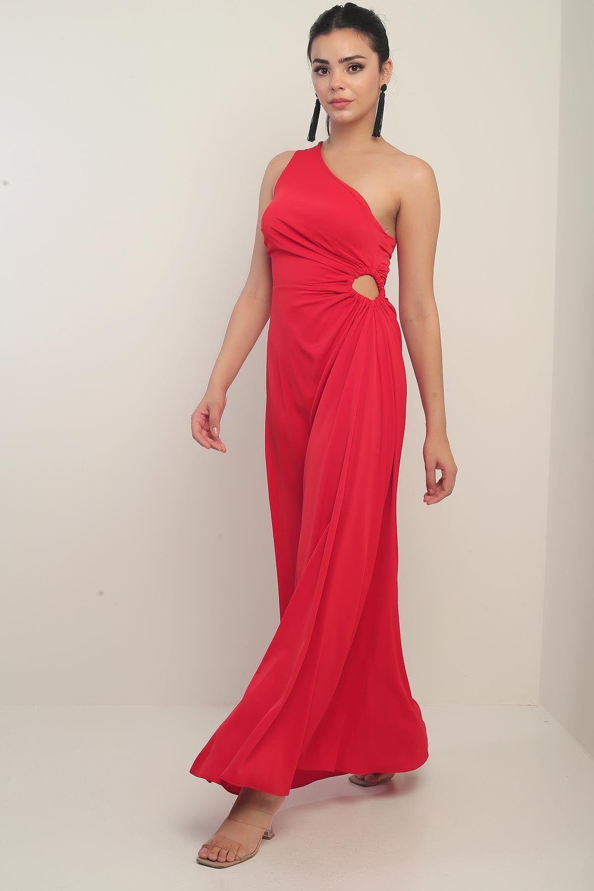 Women's One Shoulder Side Window Detailed Long Crepe Satin Dress Slim Fit