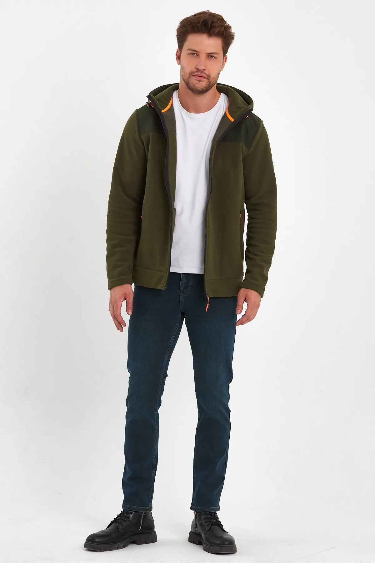 Erkek Erkek Ön Arka Garnili Fermuarlı Kapüşonlu Polar Hırka Sweatshirt — خاکی 24KE056044 — تصویر 2 از 4