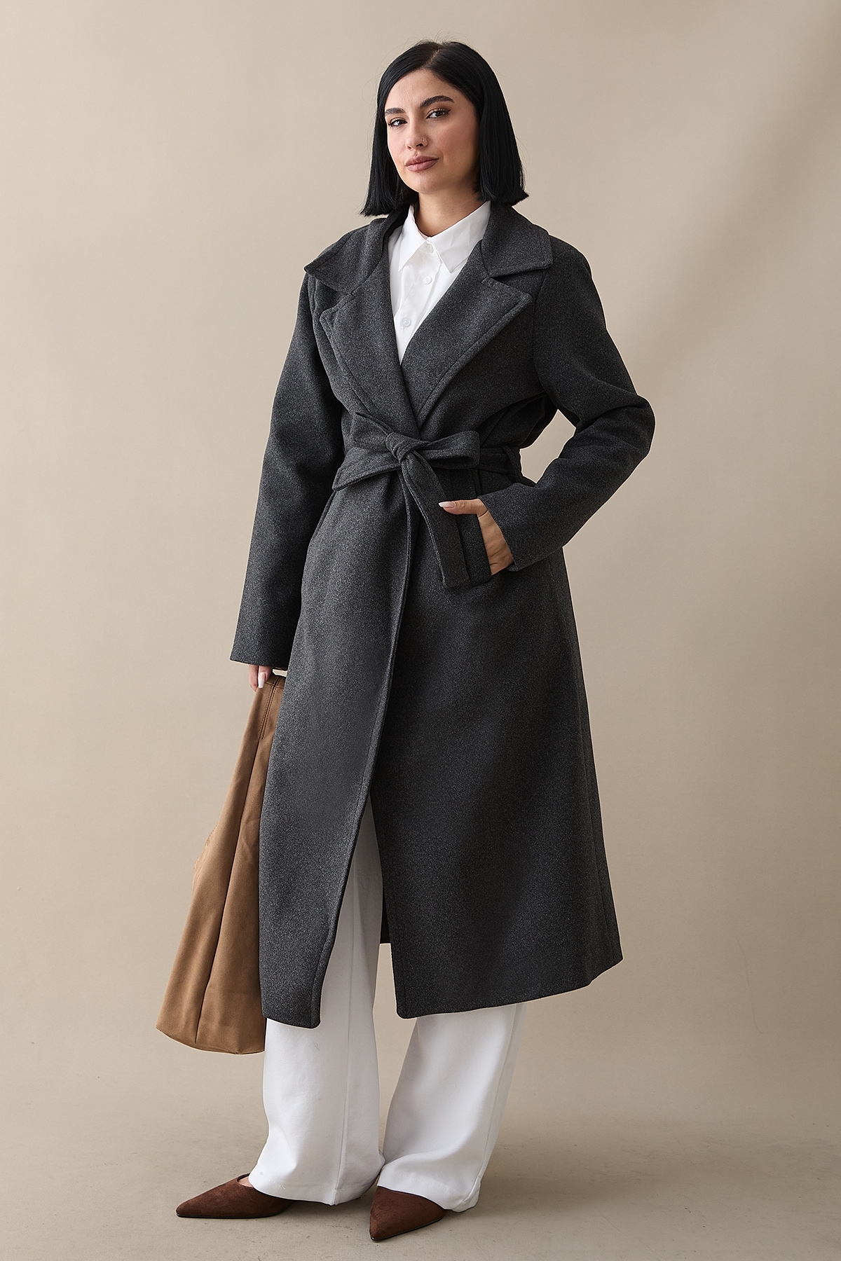 InStyle Henry Double Breasted Collar Stash Coat - Anthracite- Trendyol