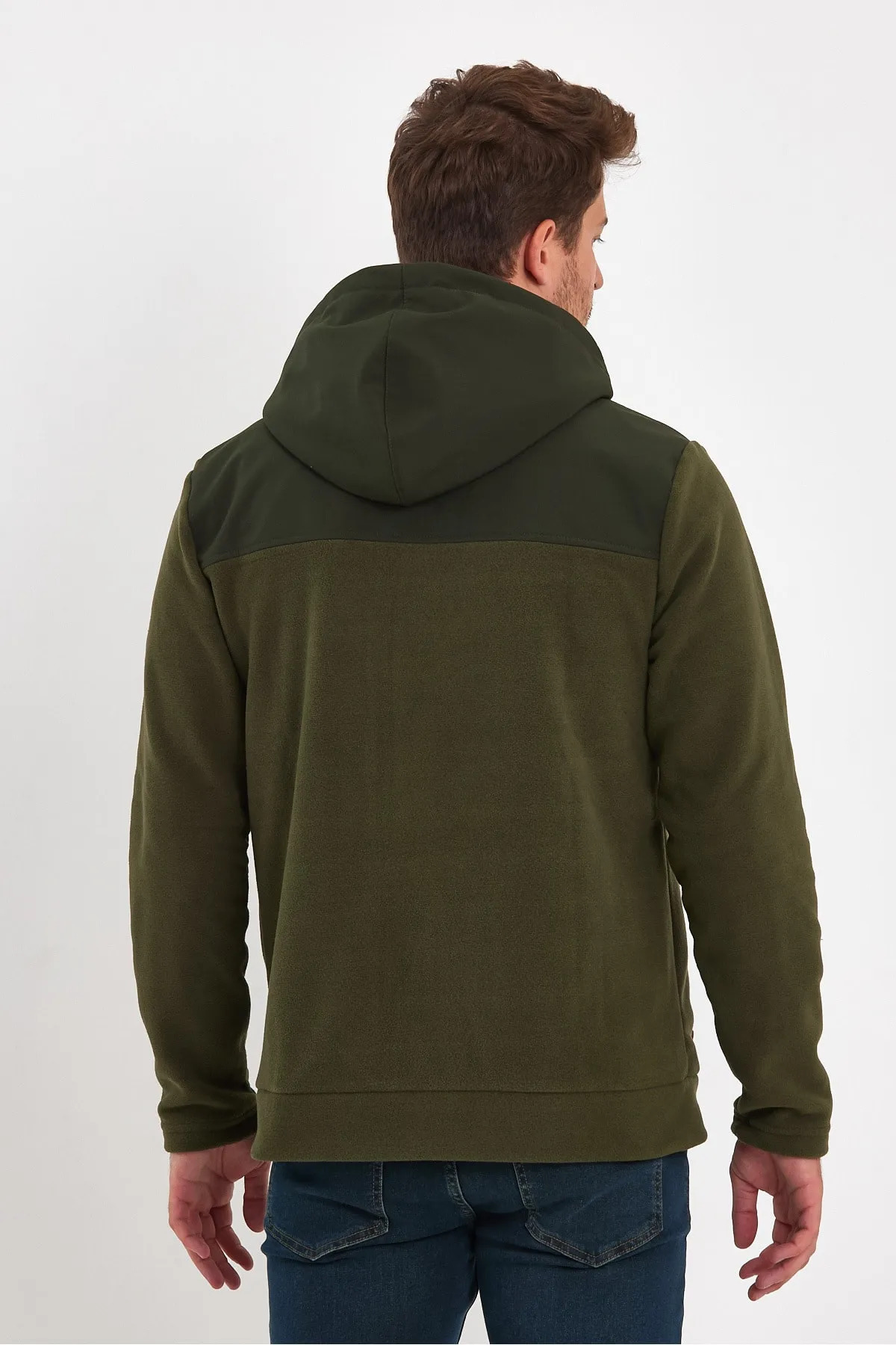 Erkek Erkek Ön Arka Garnili Fermuarlı Kapüşonlu Polar Hırka Sweatshirt — خاکی 24KE056044 — تصویر 4 از 4