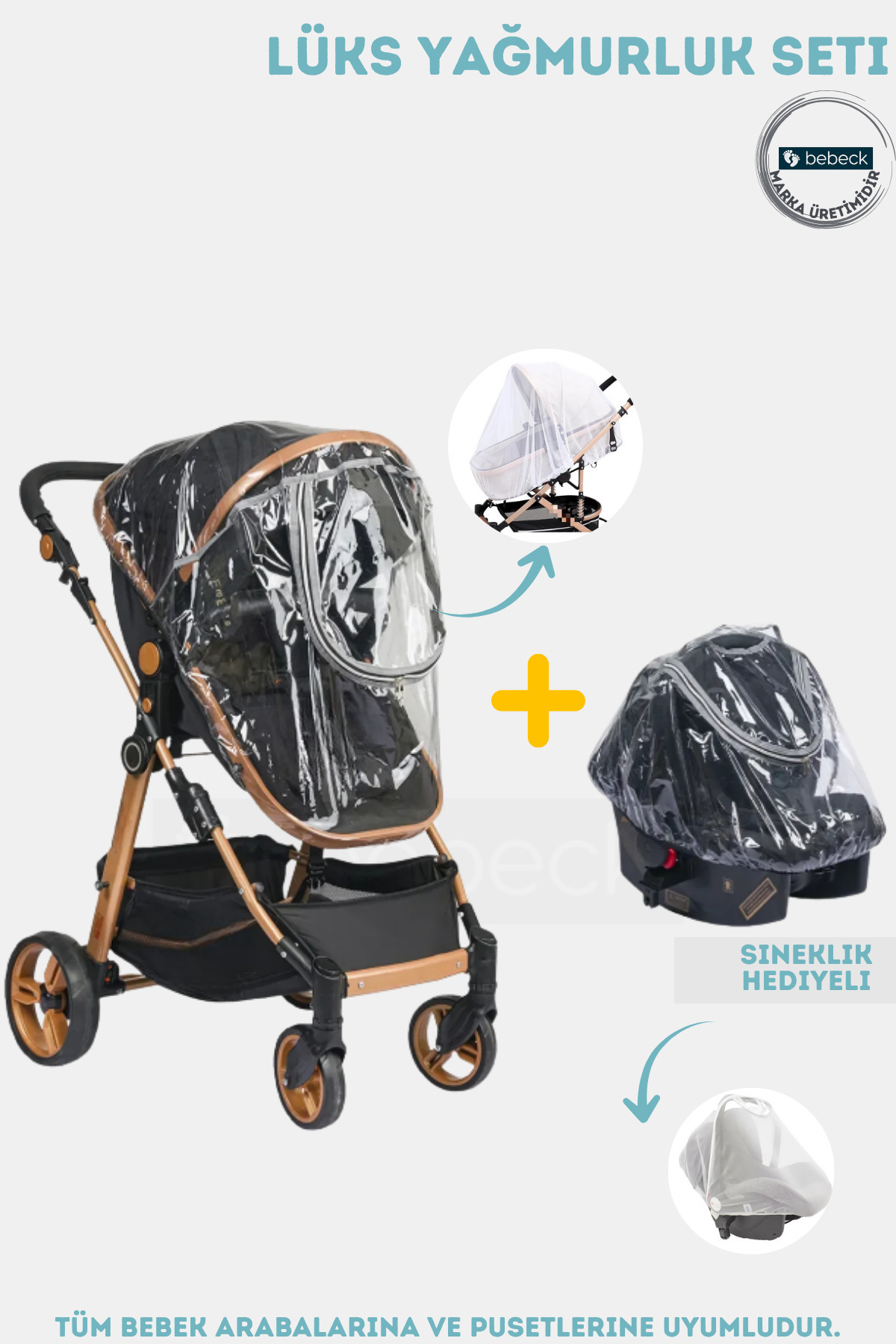Bebeck Fermuarlı Lüks Travel Bebek Arabası veAna Kucağı Yağmurluğu Seti ( Tüm Travel Arabalara Uyar )