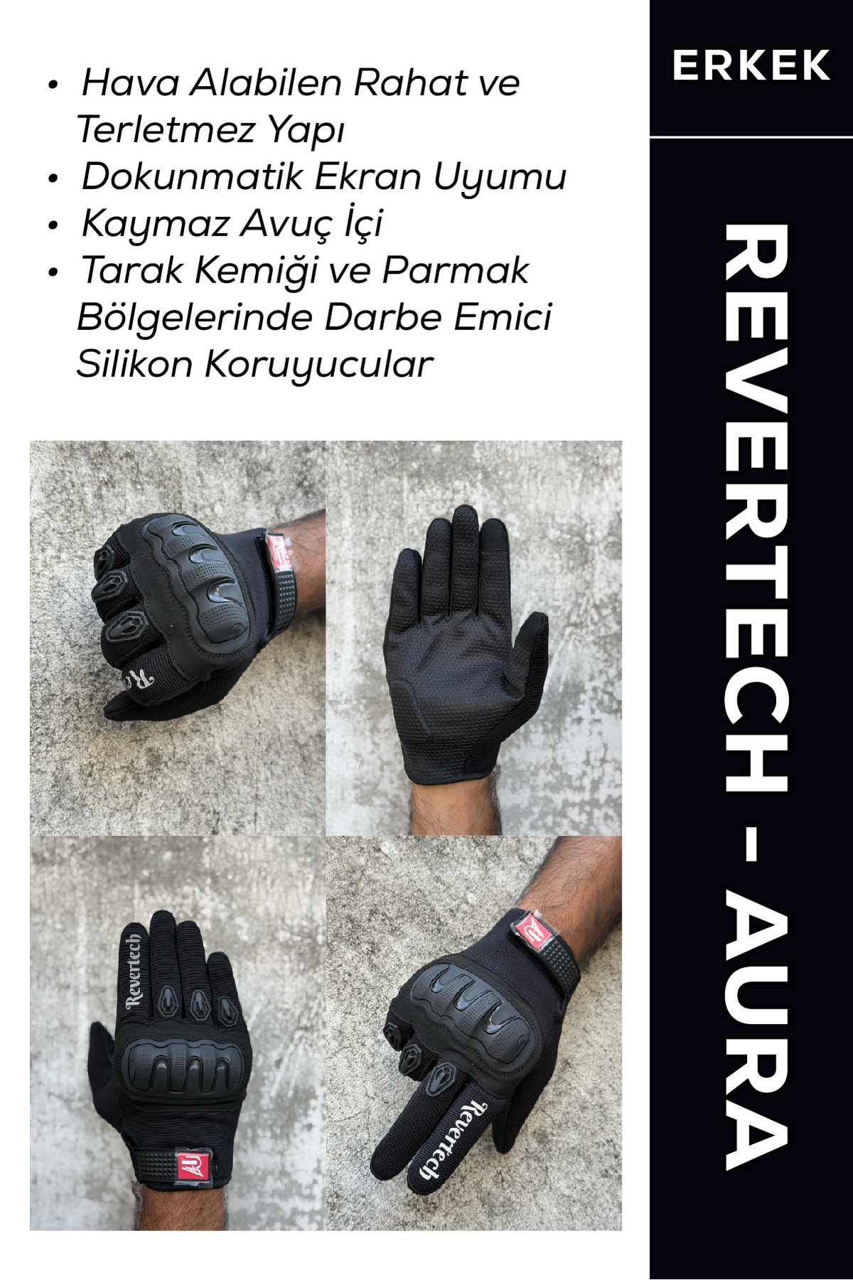 MOTOKIT Revertech Aura Siyah - Dokunmatik Ekran Uyumlu Motosiklet Eldiveni (Erkek)
