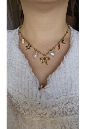 glowmark jewelry Kolye Çelik Gold Charm Detaylı