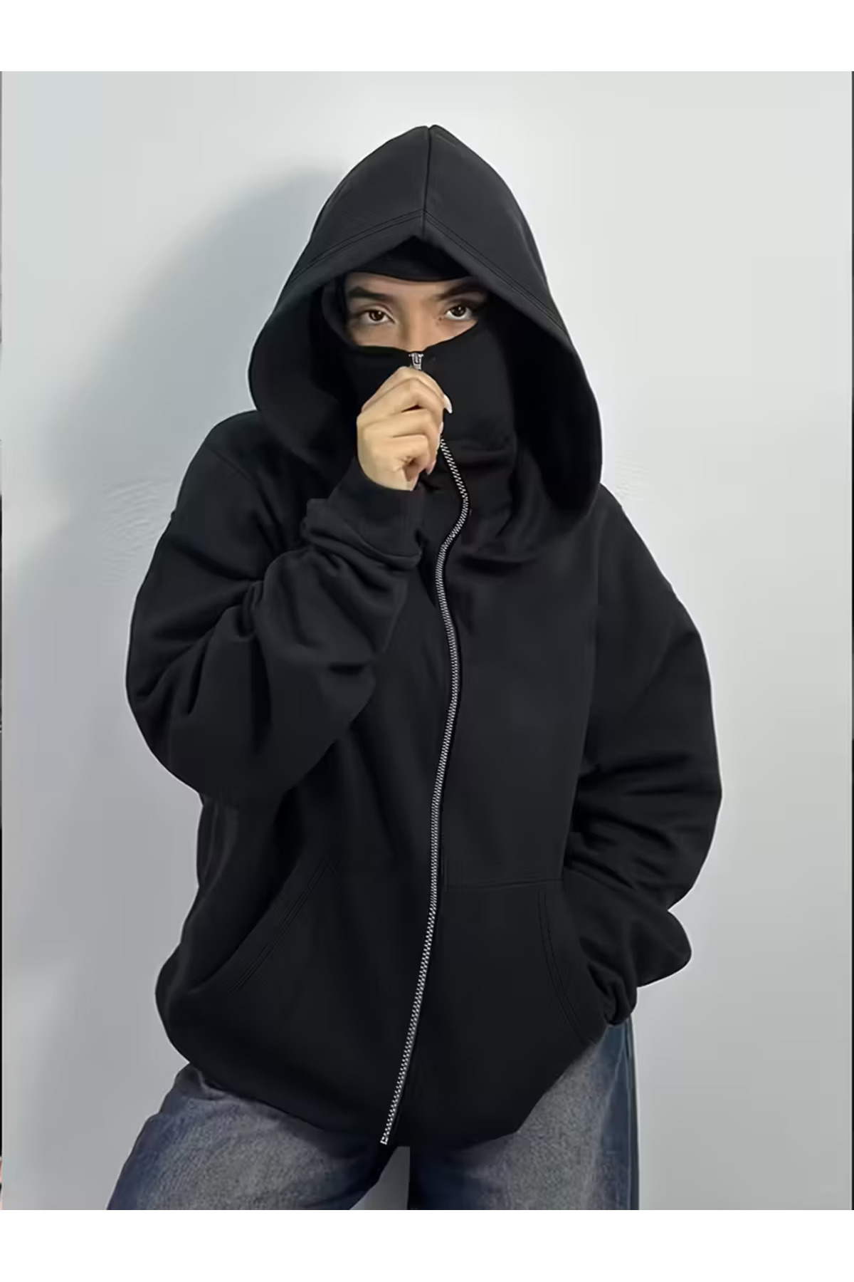 LAND MODA Kar Maskeli Ninja Unisex Sweatshirt Hırka 2iplik kalın polar görsel 5