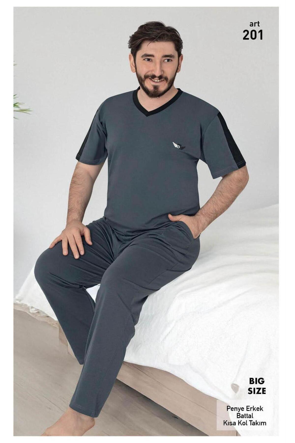 Genel Markalar Erkek Füme Battal Kısa Kol Uzun Pantolon Cotton T-shirt Pantolon Büyük Beden Pijama Takım Cepli