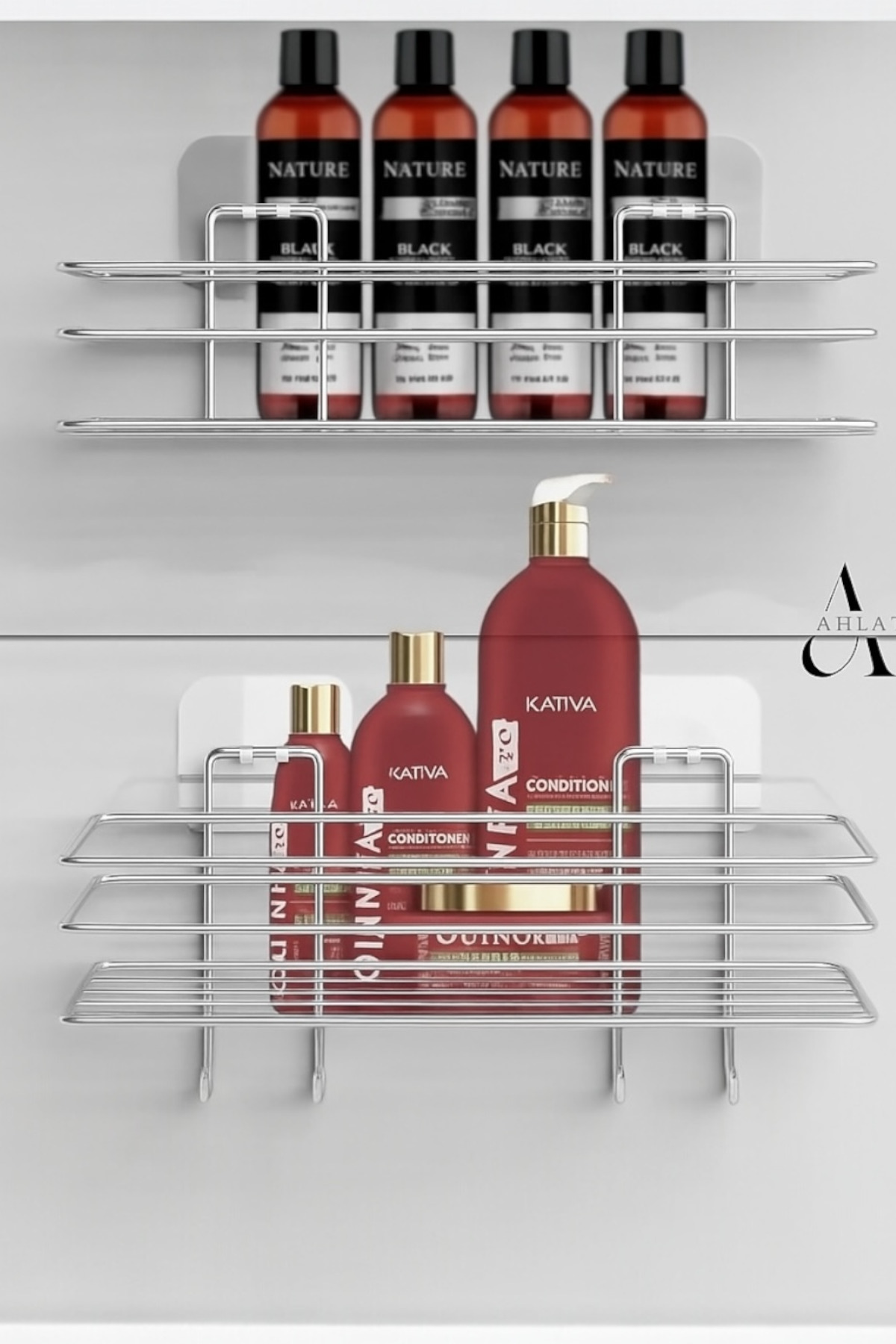 Ahlat Store Krom Duş Rafı Paslanmaz Yapışkanlı Kancalı 2li Şampuanlık Banyo Rafı Silver