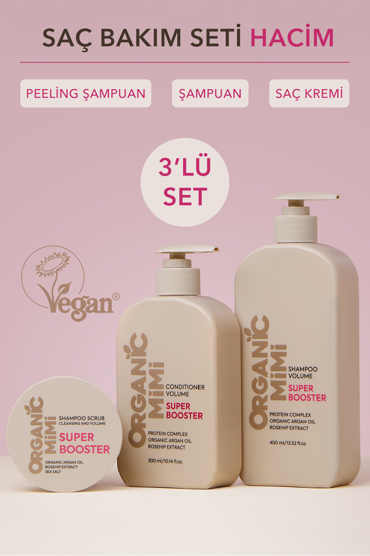 ORGANİC MİMİ Saç Bakım Seti İnce Telli Saçlar İçin: Hacim Verici Şampuan+Nemlendirici Saç Kremi+Peeling Şampuan