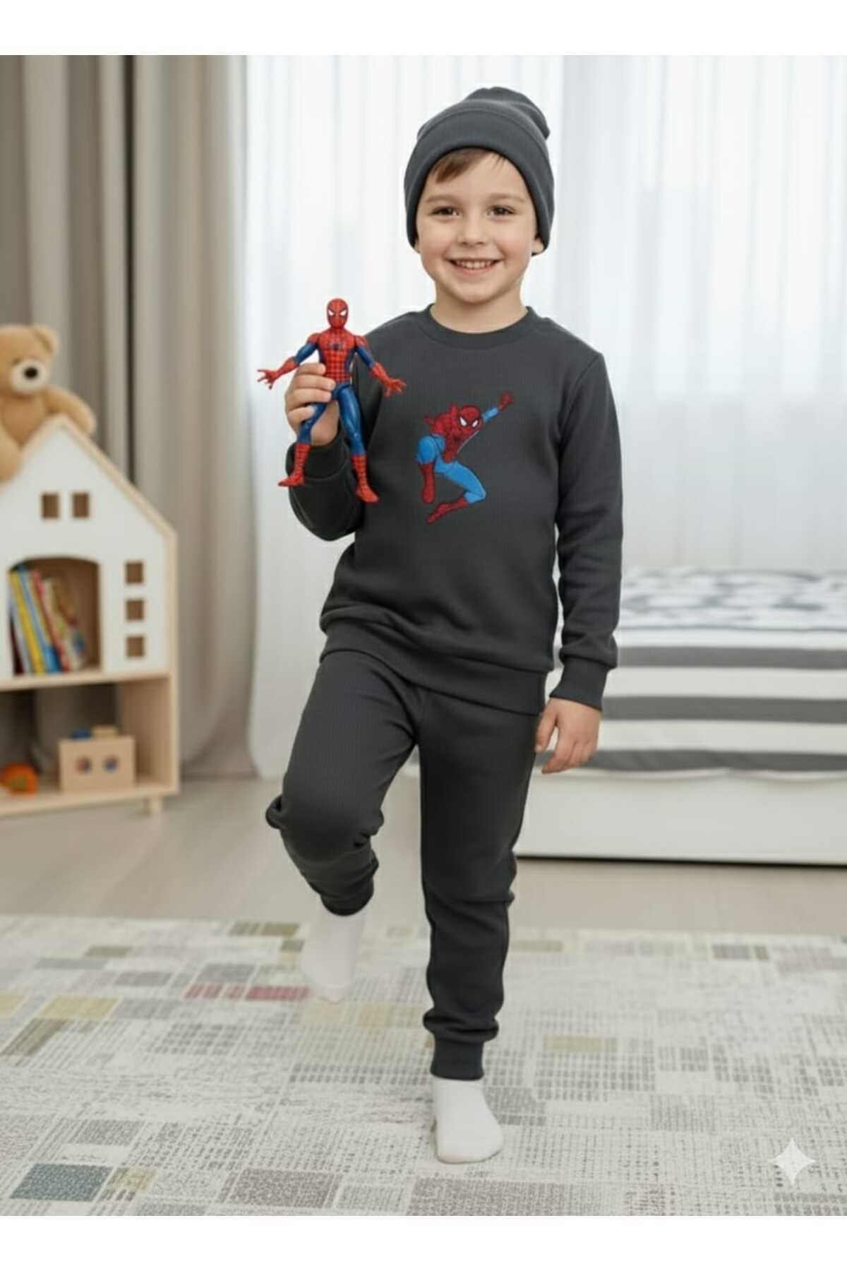 JOJOBAMBİNO Örümcek Adam Nakışlı Erkek Çocuk Bebek Kaşkorse Fitilli Bereli 3'lü Alt Üst Takım Günlük Kreş fotoğrafı 5 (önizleme)