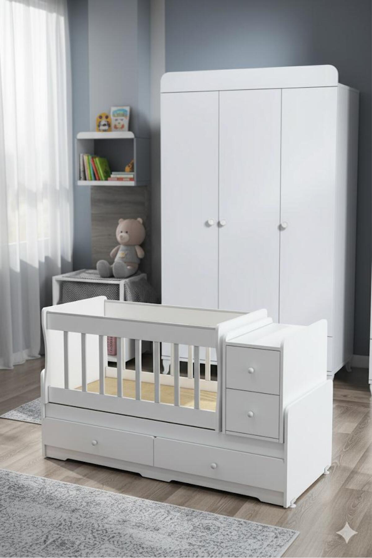 BANANA BABY MİNİBOO BEBEK ODASI ÜÇ KAPAKLI DOLAP VE BÜYÜYEN BEŞİK fotoğrafı 5 (önizleme)