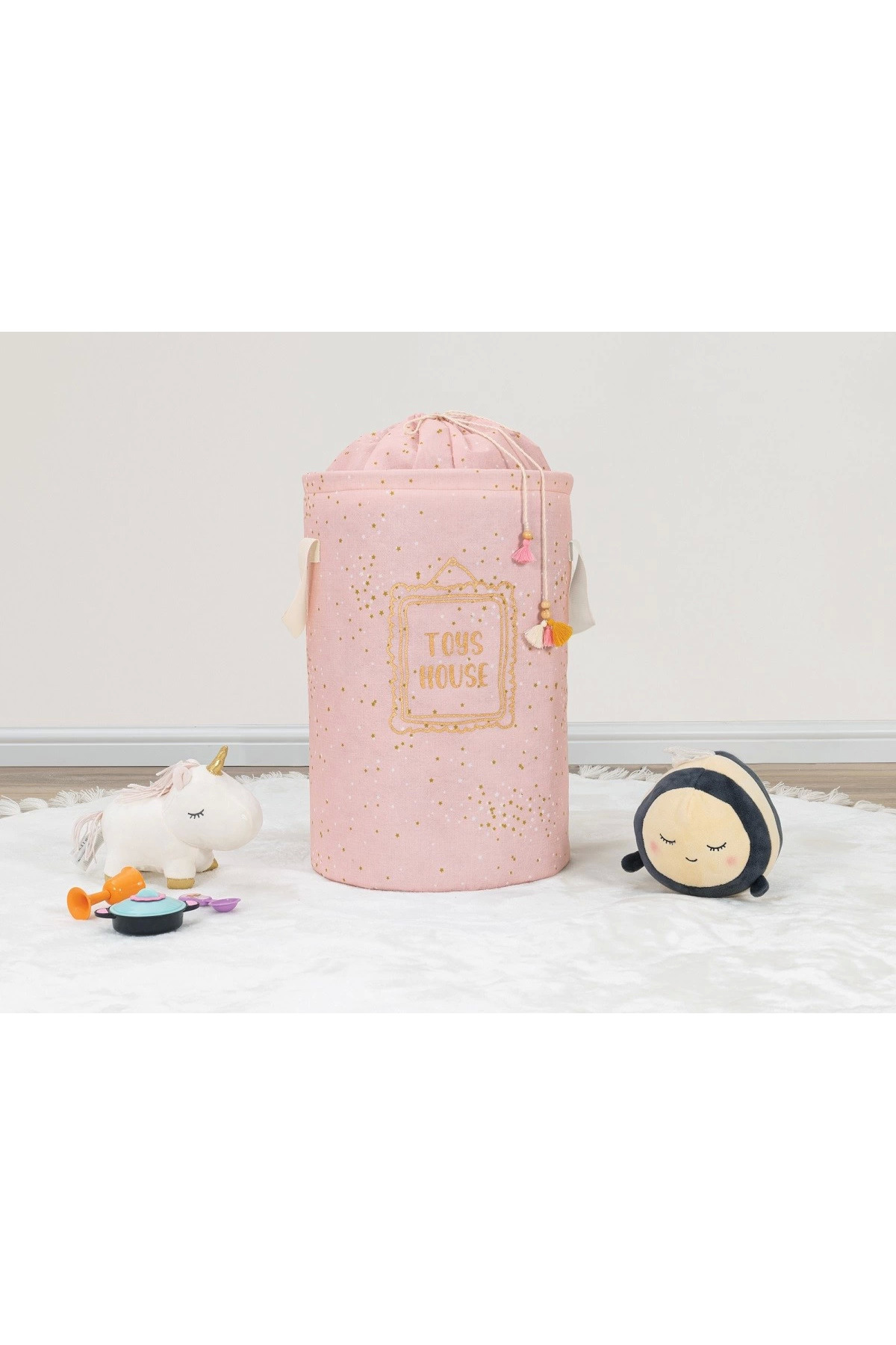 TeknoKesgin Baby Kullanımı Kolay Desenli Taşınabilir Torbalı Yuvarlak Sepet(pembe) Çamaşır Sepeti 04270