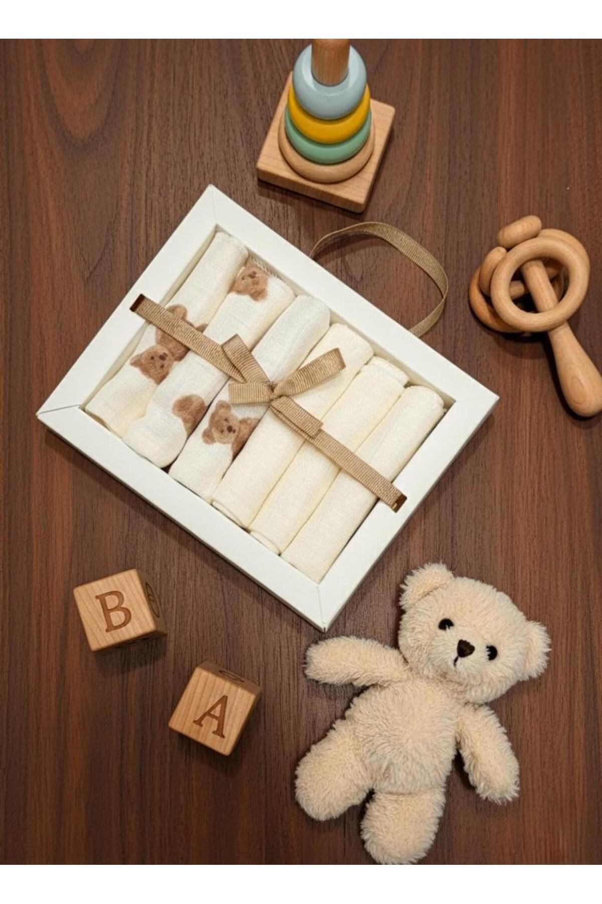 Lumos Trade 6'lı Düz ve Teddy Ayıcık Desenli Müslin Bebek Ağız Mendili %100 Pamuk - Kutulu