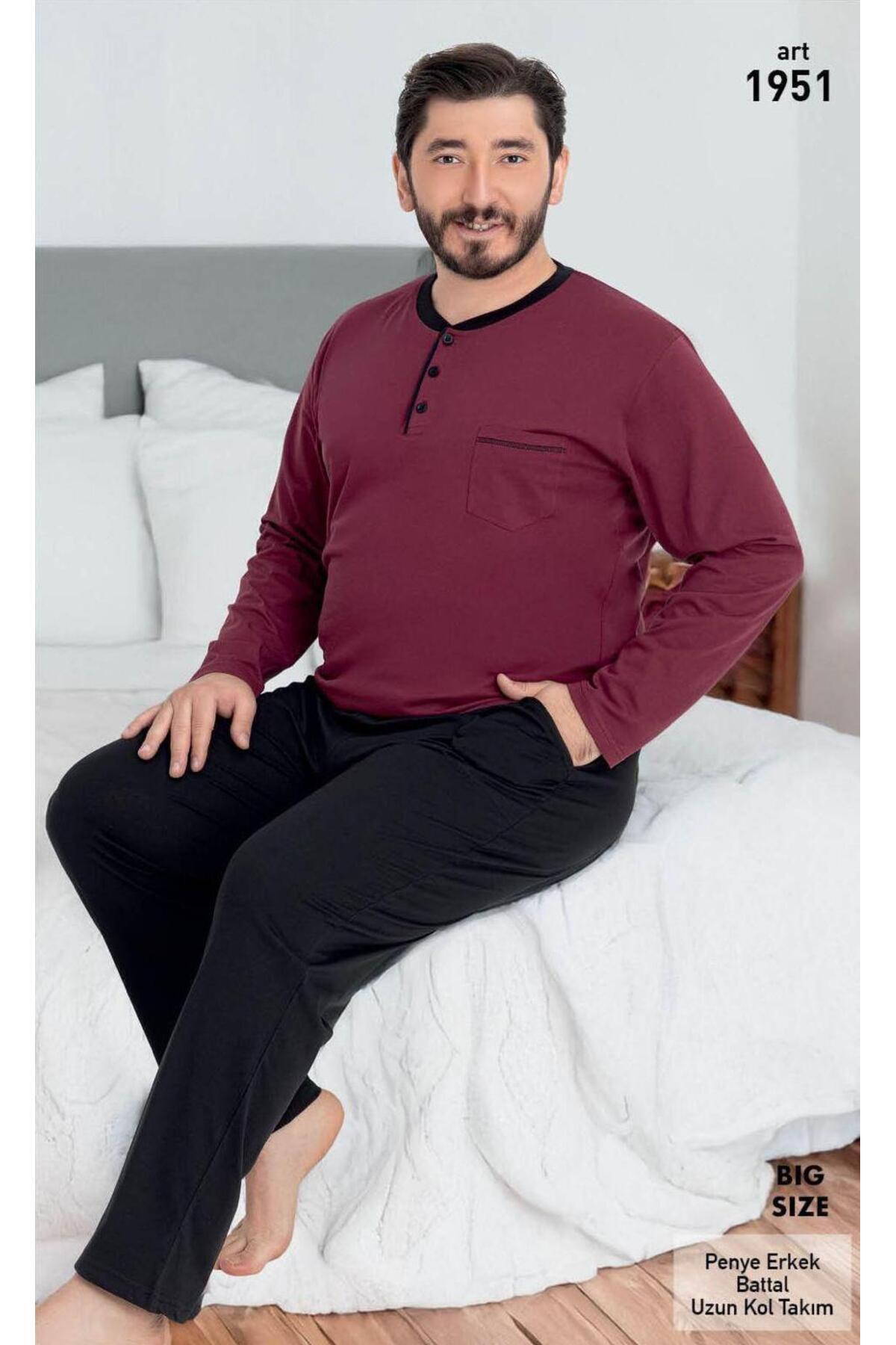 VAJESTO Erkek Koyu Bordo Pijama Takım Battal Uzun Kollu Pantolon Cotton Mevsimlik Cepli Pamuk Büyük Beden