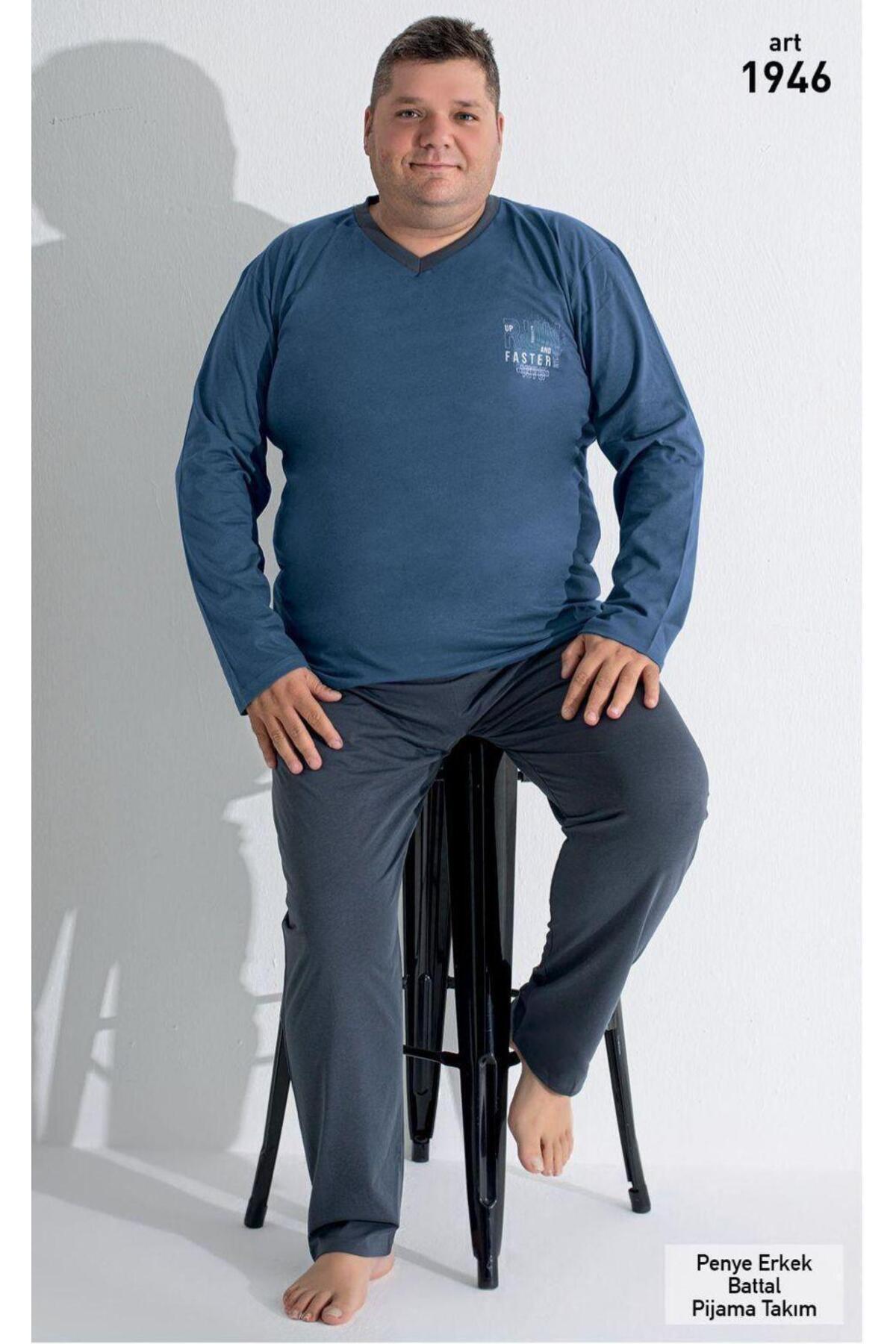 VAJESTO Erkek Koyu Mavi Pijama Takım Battal Uzun Kol Pantolon Cotton Cepli Pamuk Regular Büyük Beden