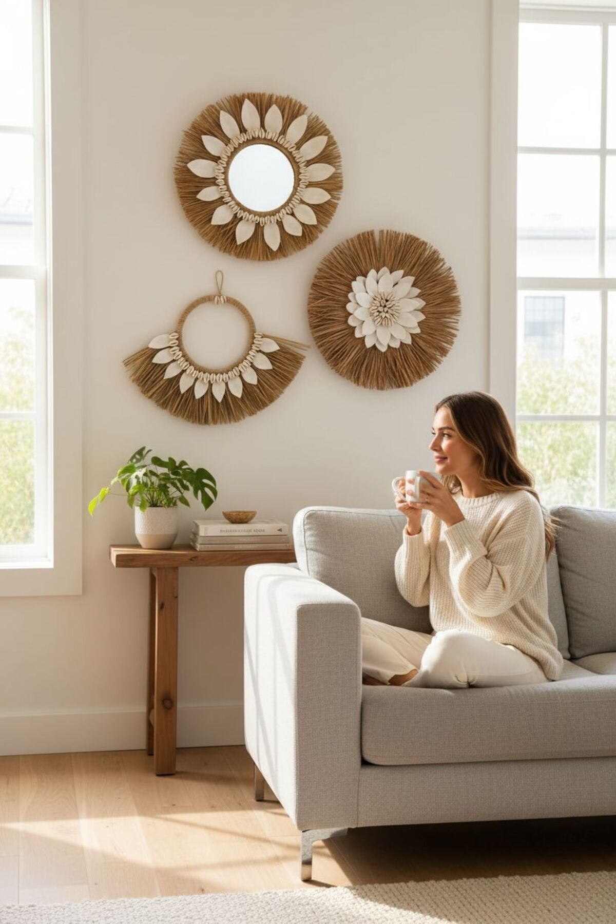 PearlHome Doğal Rafya Duvar Süsü Deniz Kabuklu Tazı boncuklu Eva Duvar Süsü Duvar Aynası Bohem Dekor